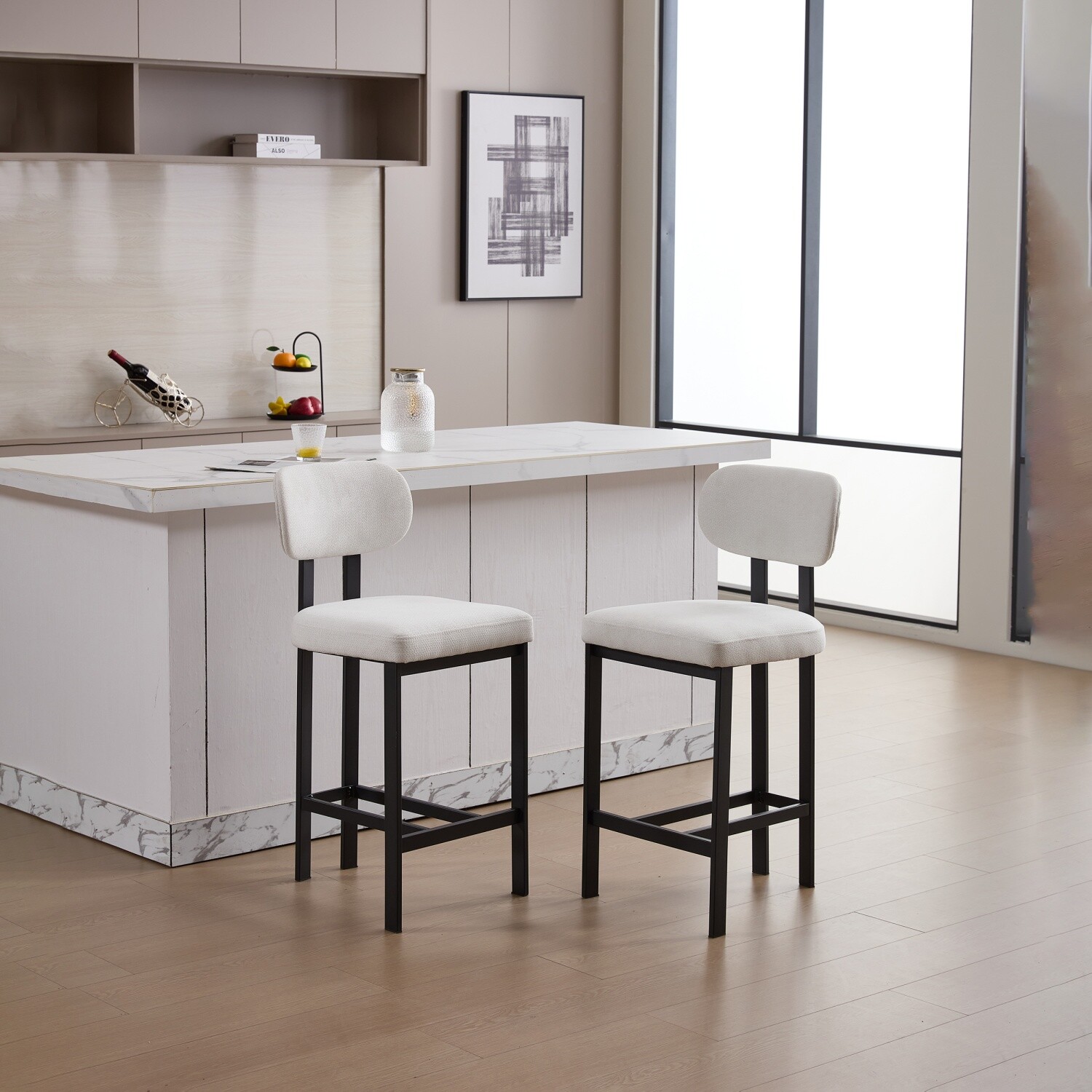 Set of 2 Bar Stools Counter Height Upholstered Pub Stools Kitchen Dining Chairs