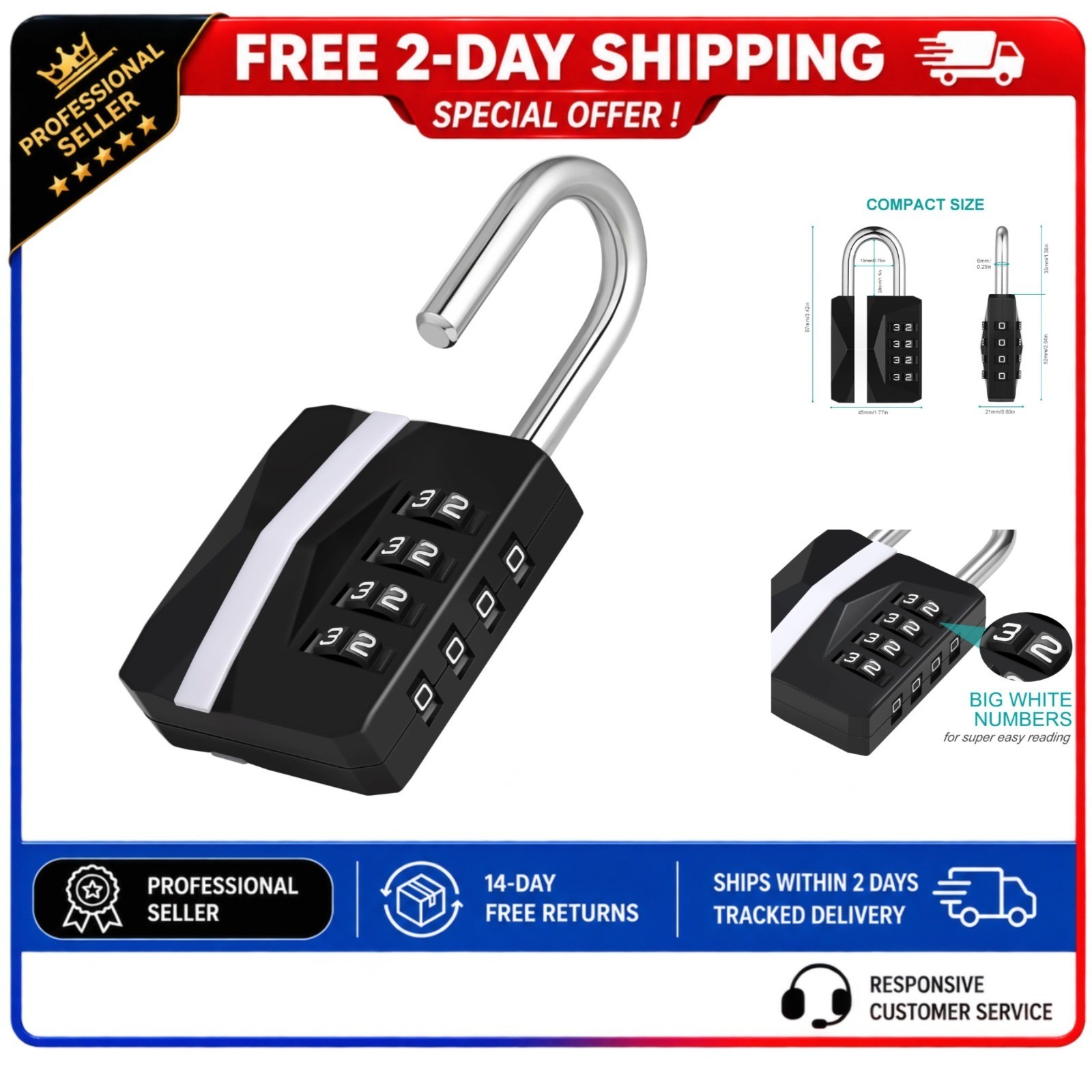 4 Digit Combination Padlock ZHEGE Weatherproof Outdoor Locker Black