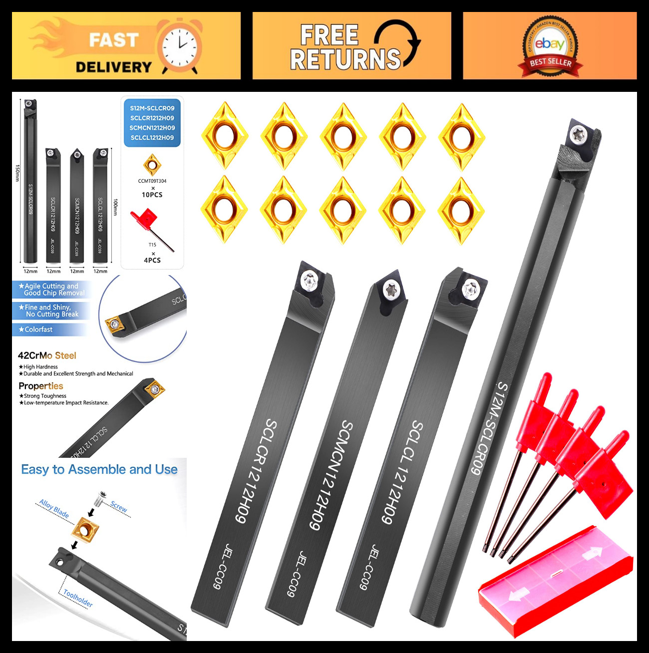14pcs Lathe Turning Tool Set - Metal Cutting Tools, 4 Shank Threading Holders &