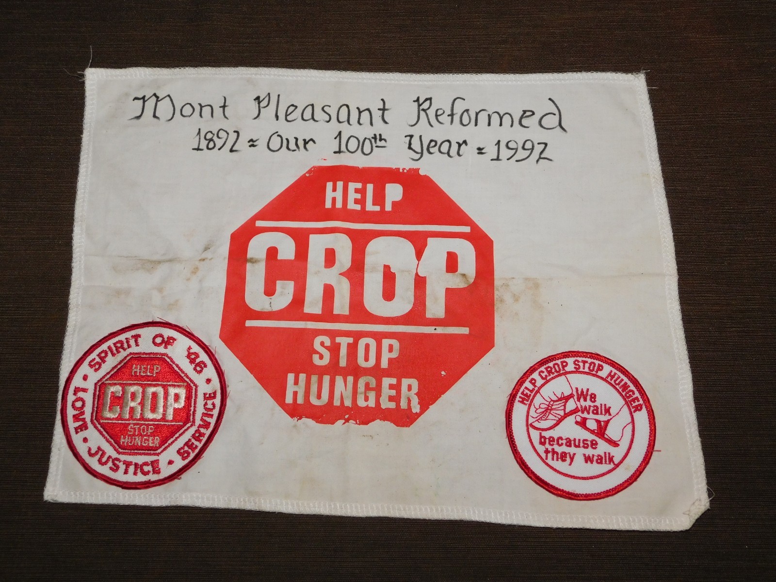 VINTAGE 13" X 10" MONT PLEASANT REFORMED 1892-1992 100th STOP HUNGER PATCH CLOTH