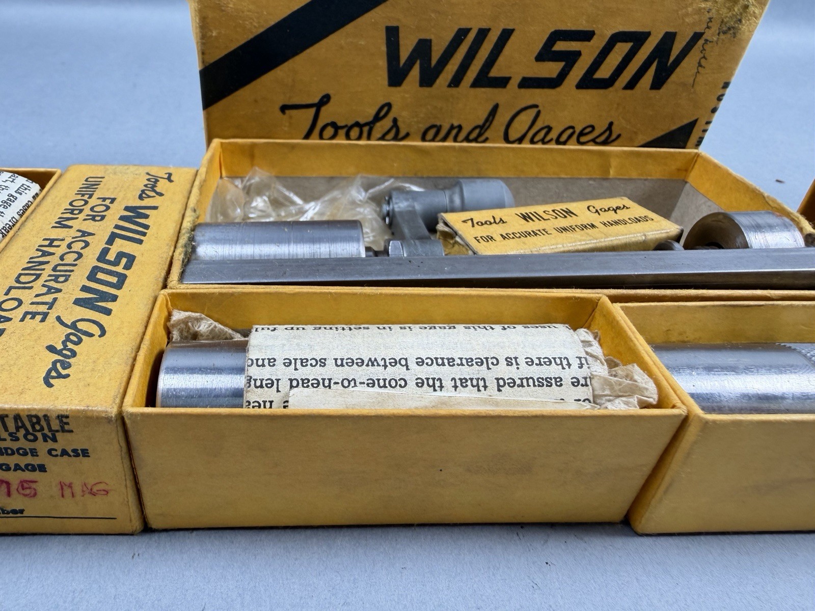 Vintage L.E. Wilson Kit Reloading Tools Gages w Case Holders Box
