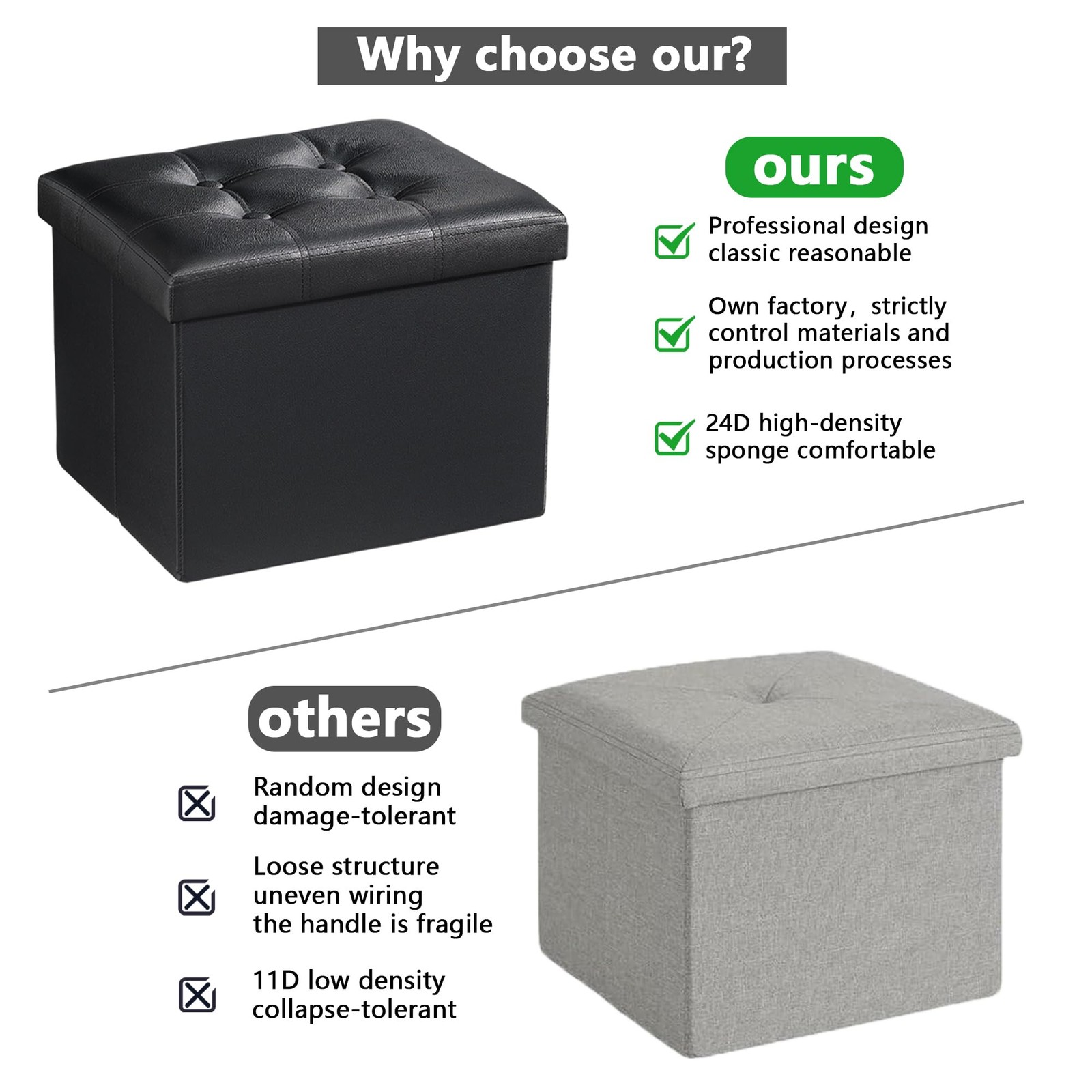 Storage Ottoman Folding Foot Rest Stool Leather Bench Short Black 17x13x13