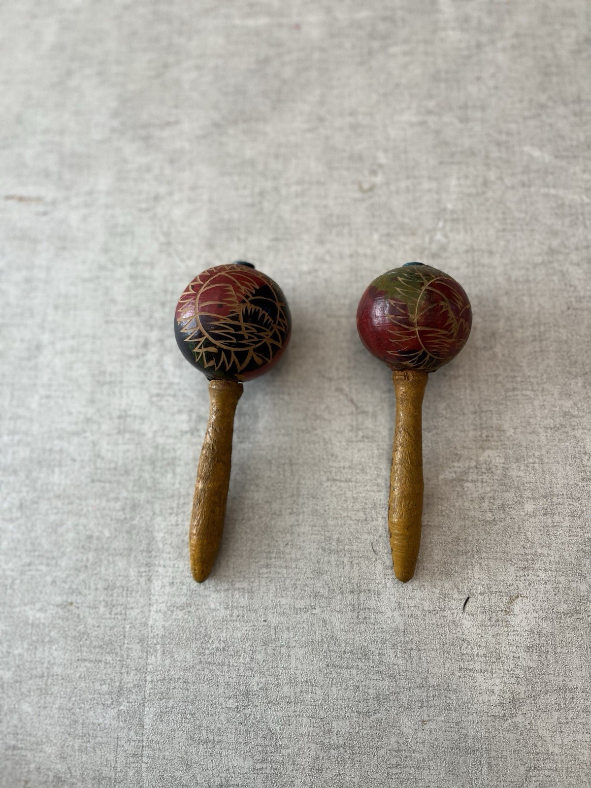 Set Of 2 Wooden Maracas Hand Carved Flag & Beach Designs