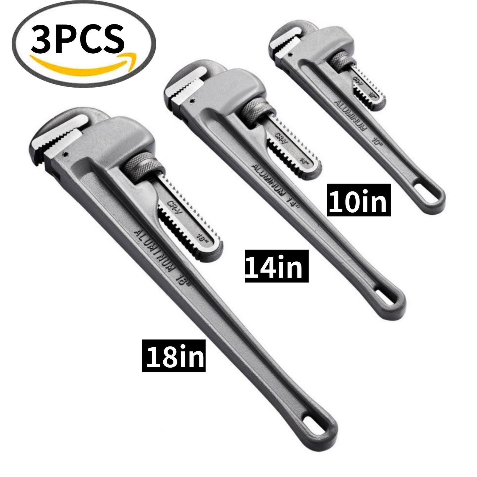 3PCS Aluminum Straight Pipe Wrench Set 10/14/18 in Plumbing Wrench CRV Jaw