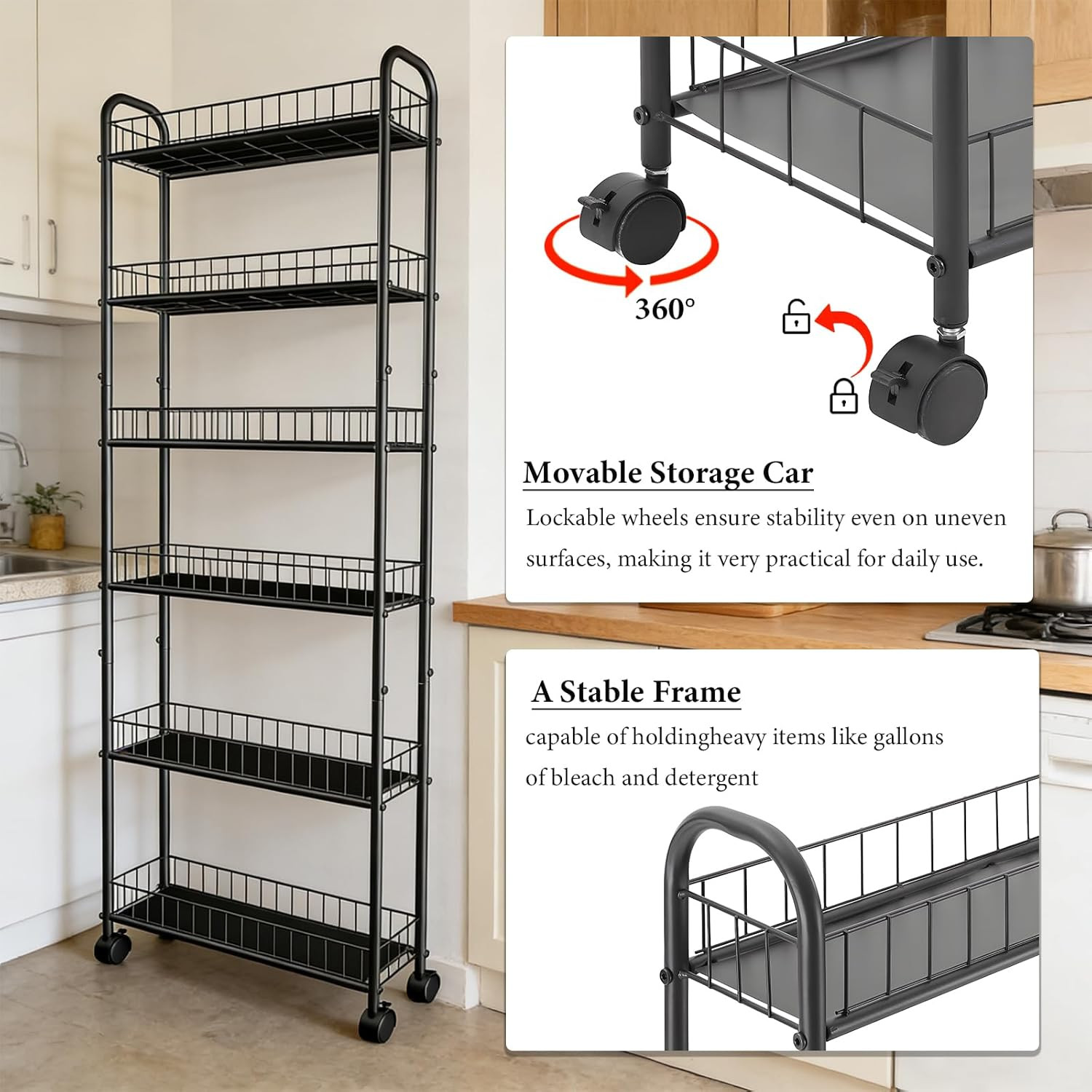 Slim Storage Cart with Wheels, 6-Tier 6In Black Narrow Rolling Shelf,Sturdy Slim