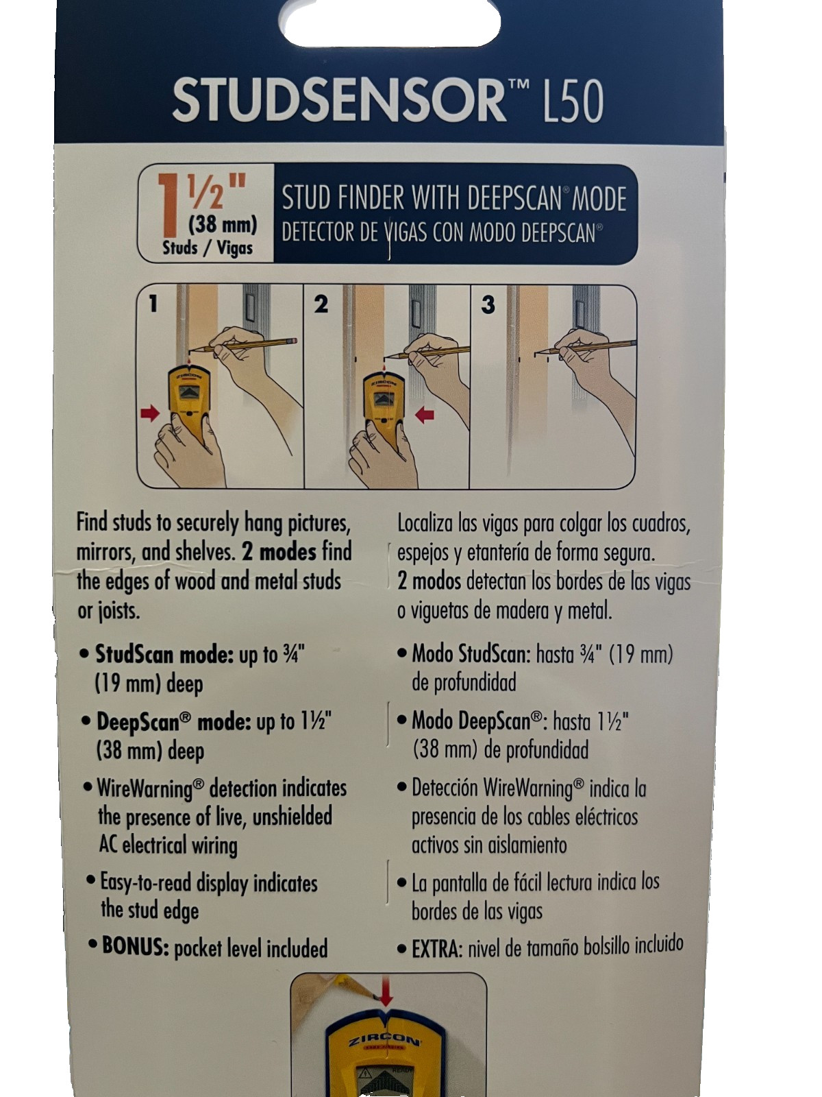 Zircon StudSensor L50 Edge Finding Electronic Stud Finder Sensor w/Pocket Level