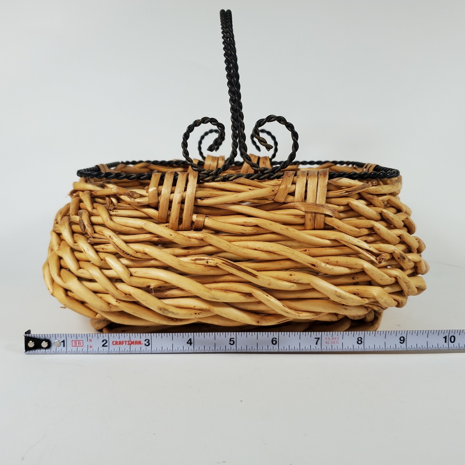 Bamboo Straw Basket With Metal Twisted Handle 8"H X 9.5"L