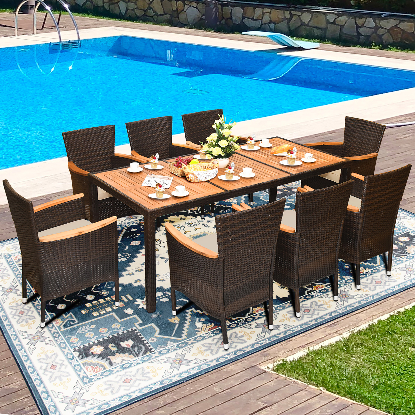 9PCS Rattan Patio Dining Set w/ 8 Stackable Cushioned Chairs Wooden Tabletop