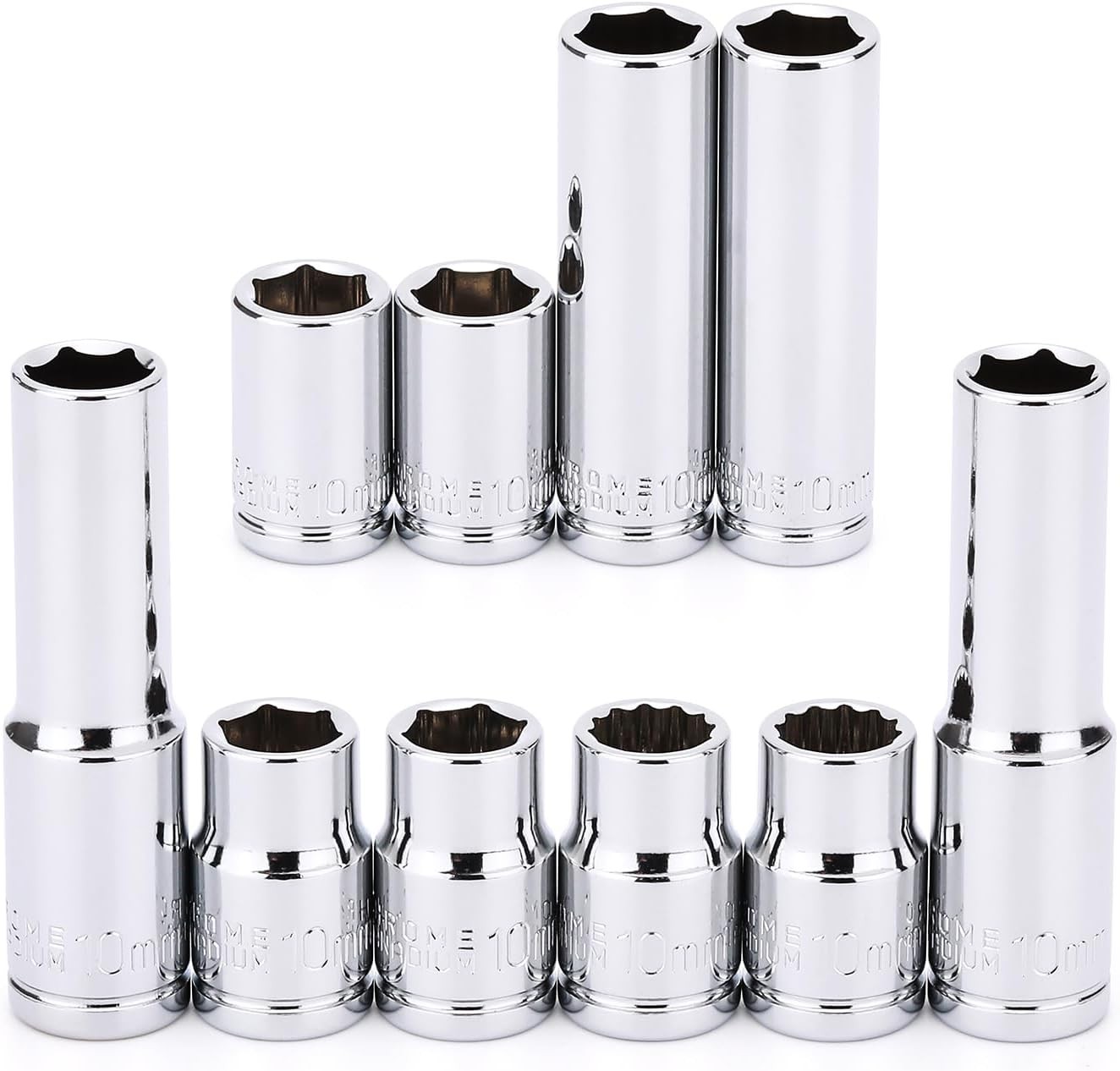 MIXPOWER 10PCS 1/4"& 3/8" Drive 10Mm Deep&Shallow Socket, CR-V, Metric, Mirror F