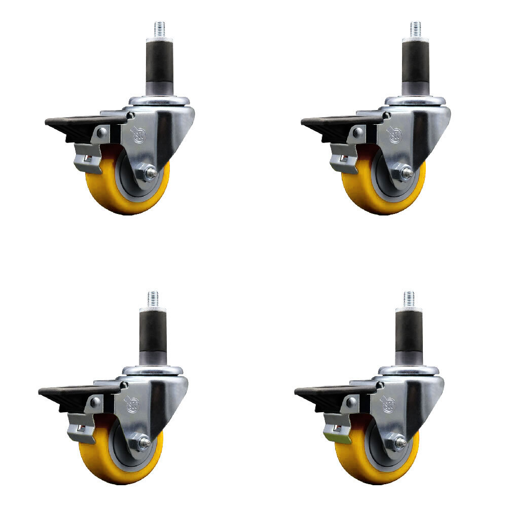 3 Inch Yellow Poly Swivel 1-1/4 Inch Expanding Stem Caster Set with Brake SCC