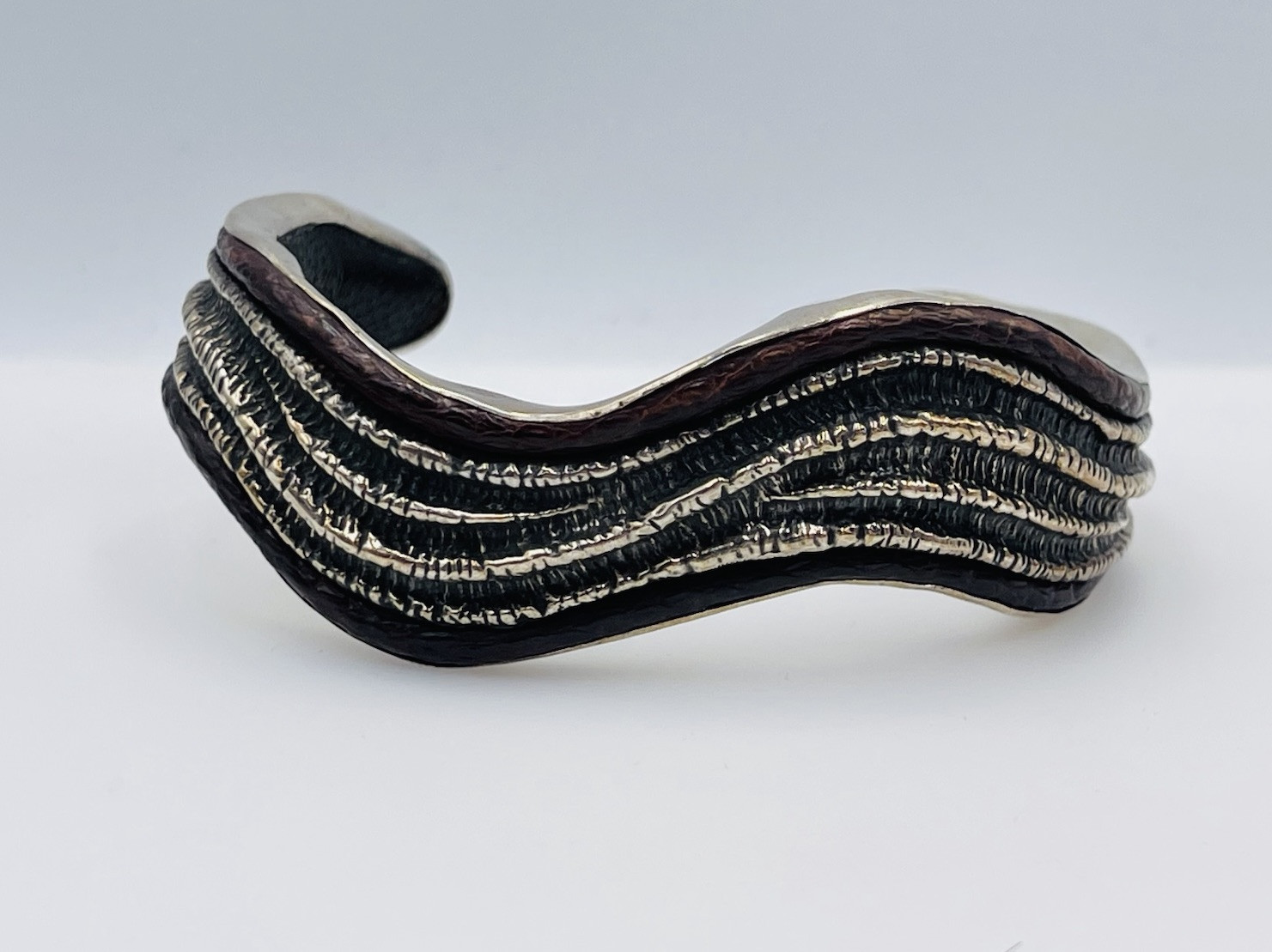 Lou Guerin Sterling Silver & Brown Leather Wavy Cuff Bracelet