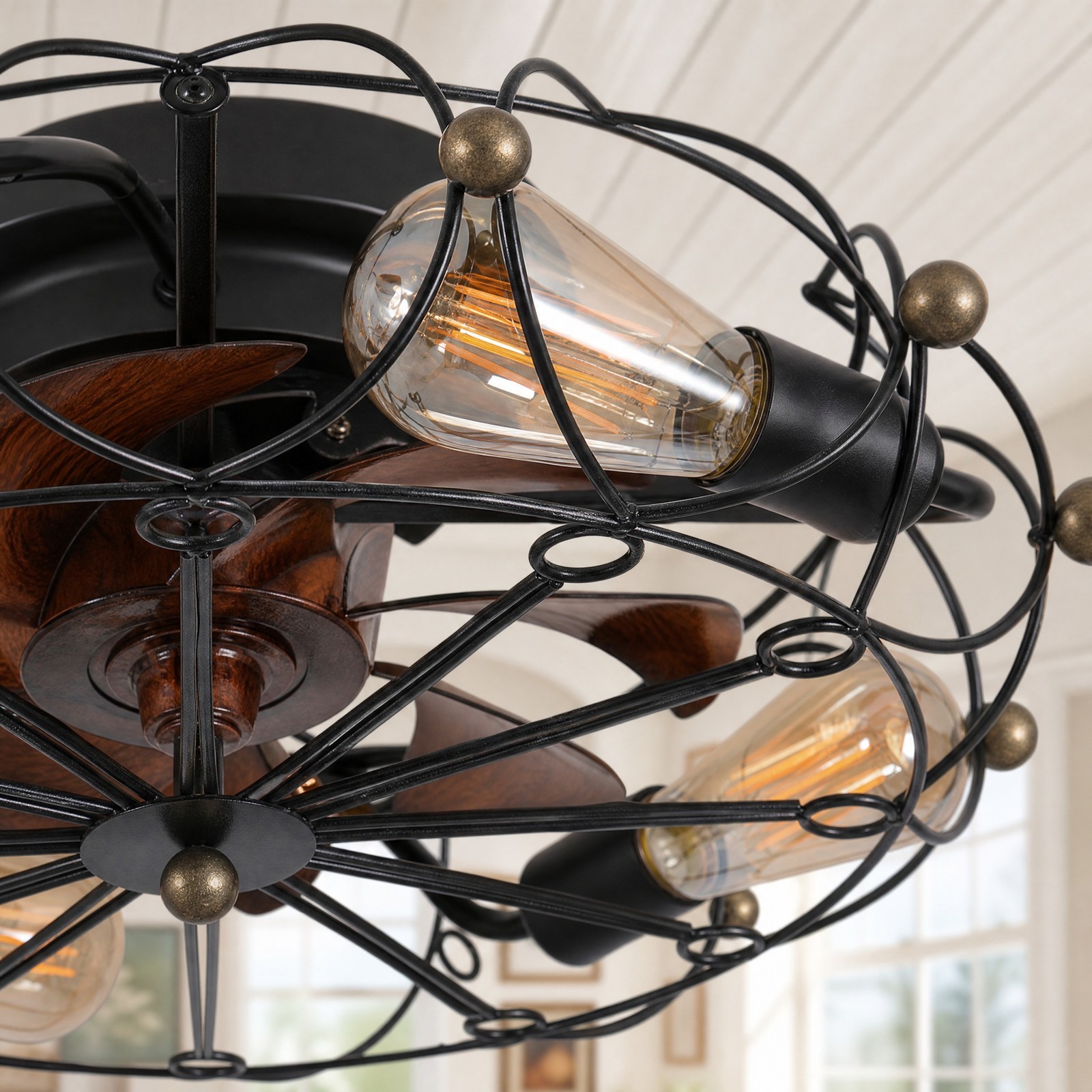20'' Modern Caged Black Ceiling Fan with LED Light Flush Mount Remote Control