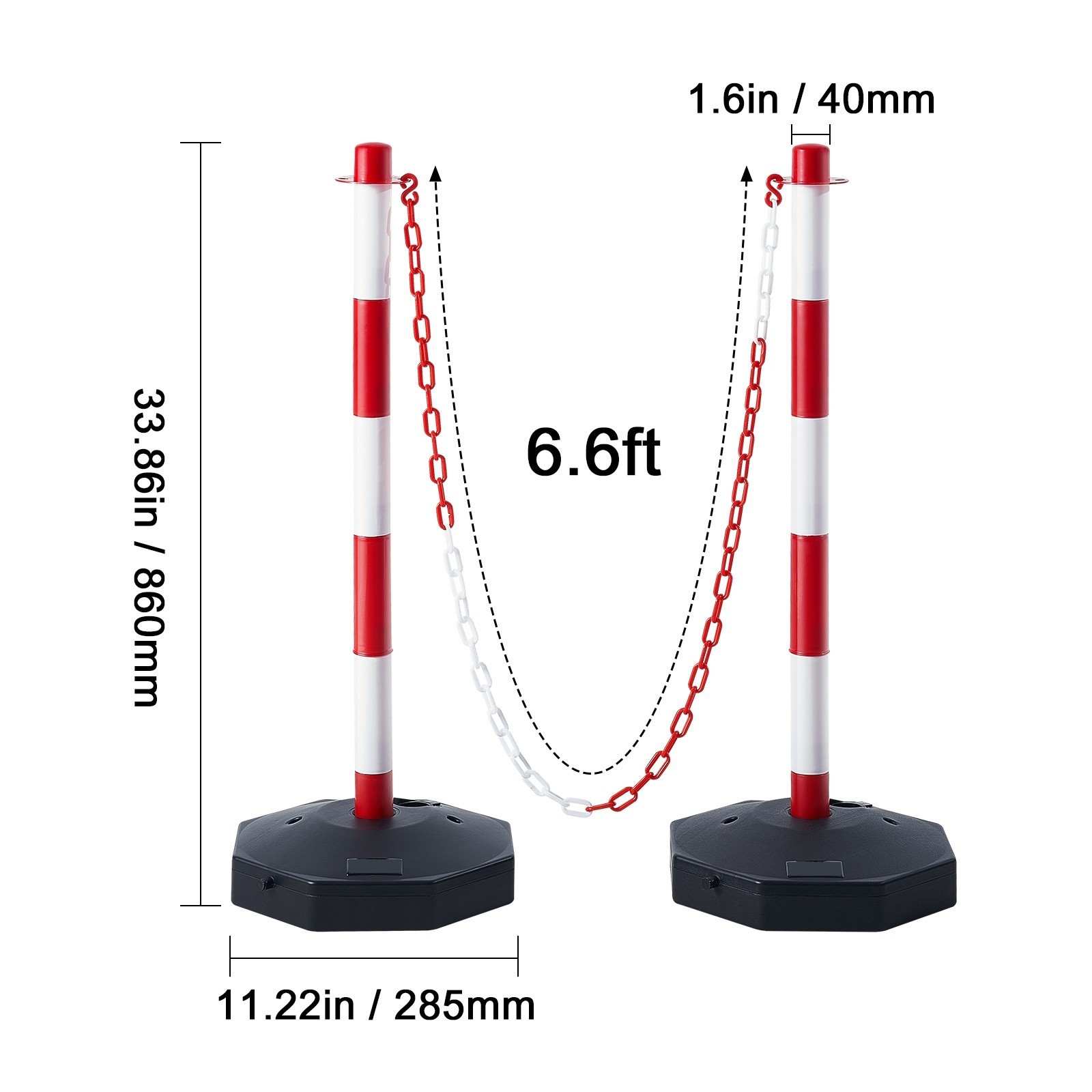 6PCs Traffic Delineator Post Cones with Fillable Base 6.6 FT Chain