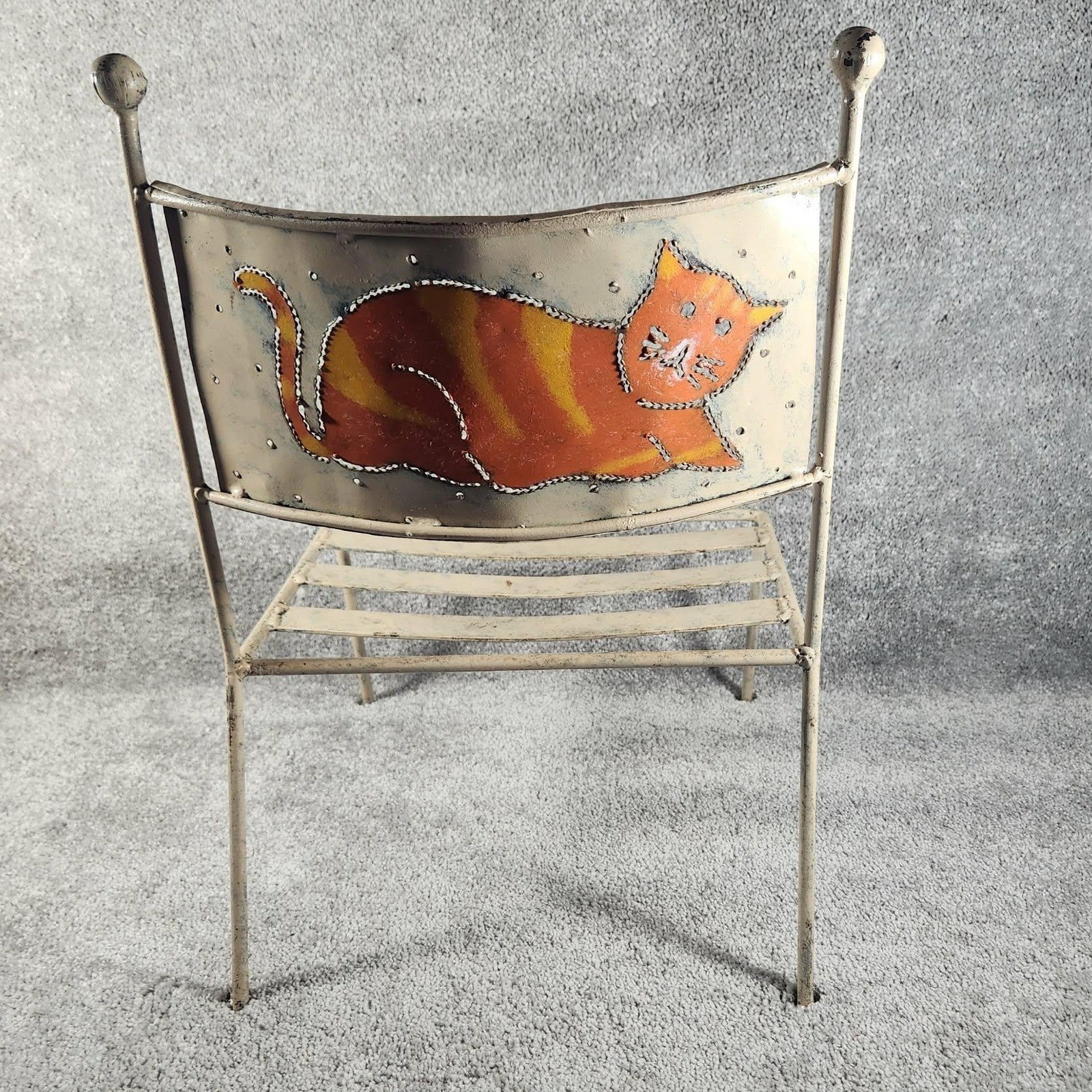 Child's Metal Chair Cream Orange Hand Painted Cat Vintage Whimsical Kids Size