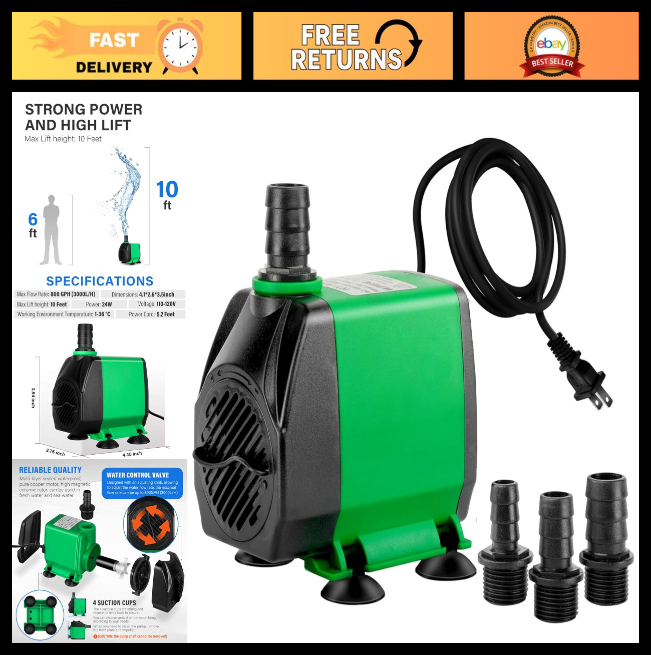 800 GPH Ultra Quiet Water Pump for Fish Tank, Pond, Aquarium, Hydroponics - 3 No