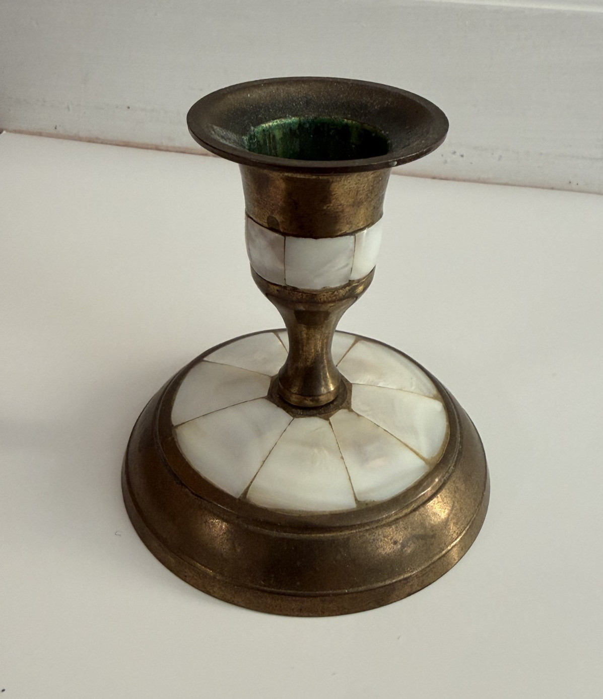 Vintage Brass & Mother of Pearl Inlay Candlestick Holder - Mid Century Boho