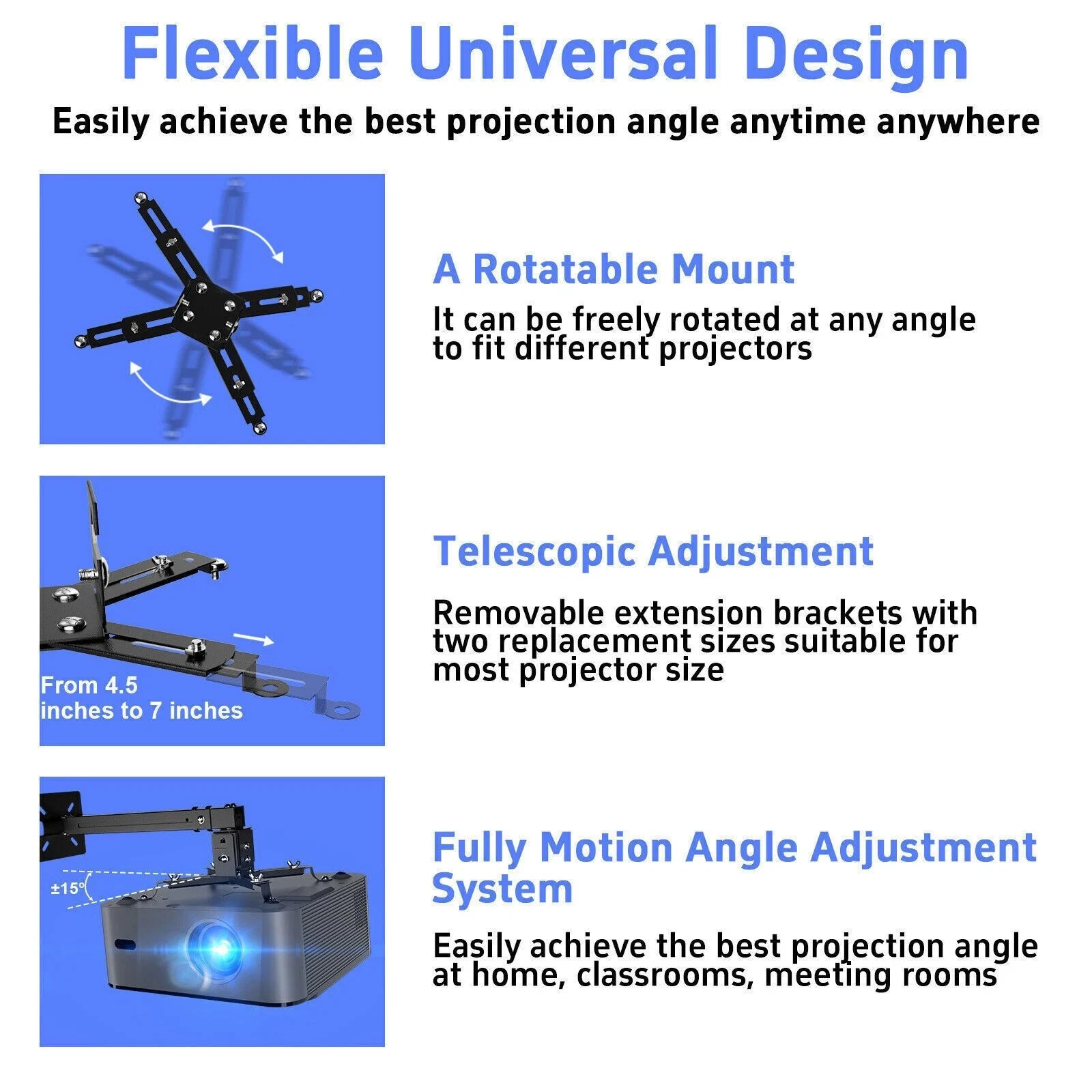 Universal Extendable Tilt DLP LCD Ceiling Projector Mount Bracket 44 lbs - Black