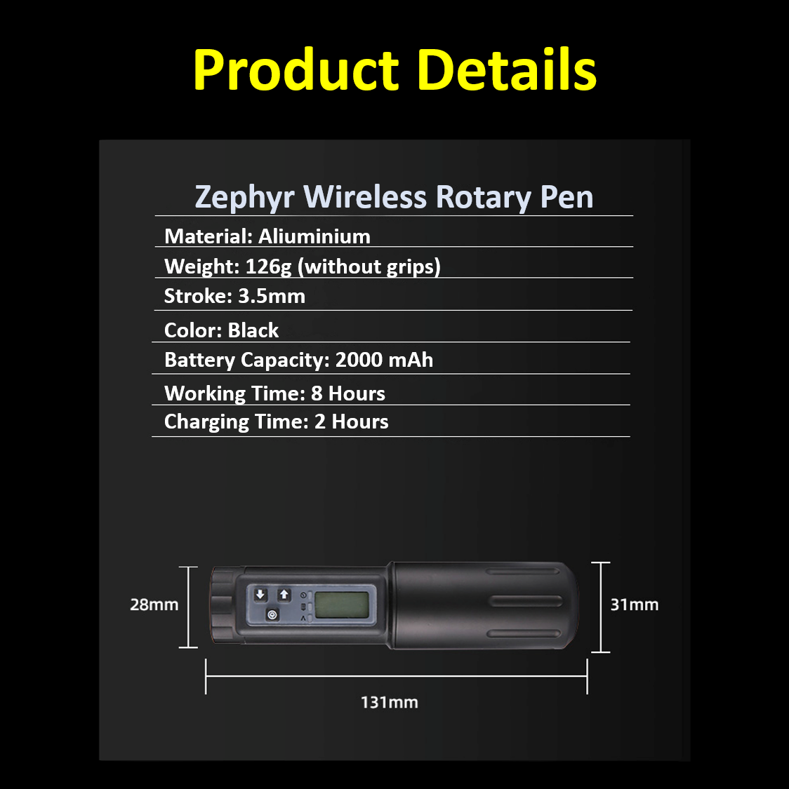 Zephyr Tattoo Wireless Rotary Pen with 5 Changeable Grips