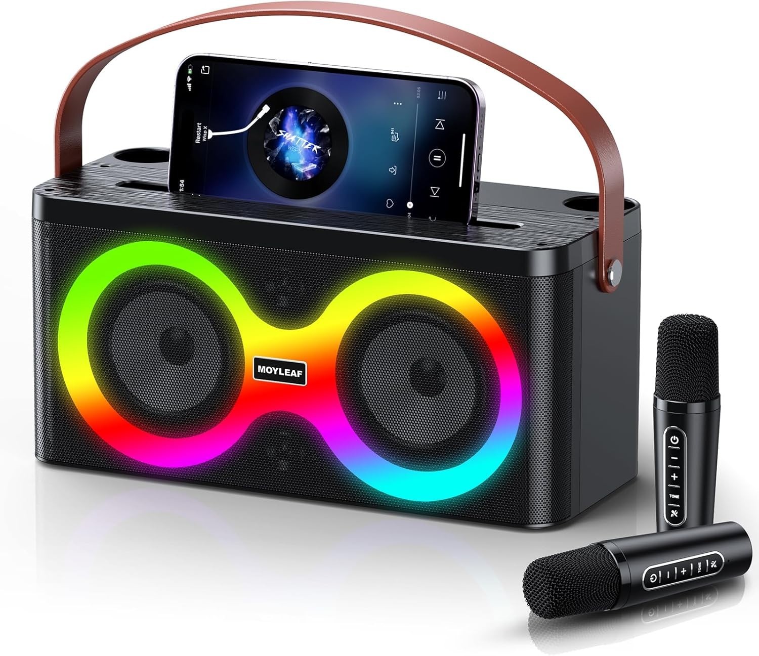 Karaoke Machine, Portable Bluetooth Speaker, PA System w/ 2 Wireless Microphones