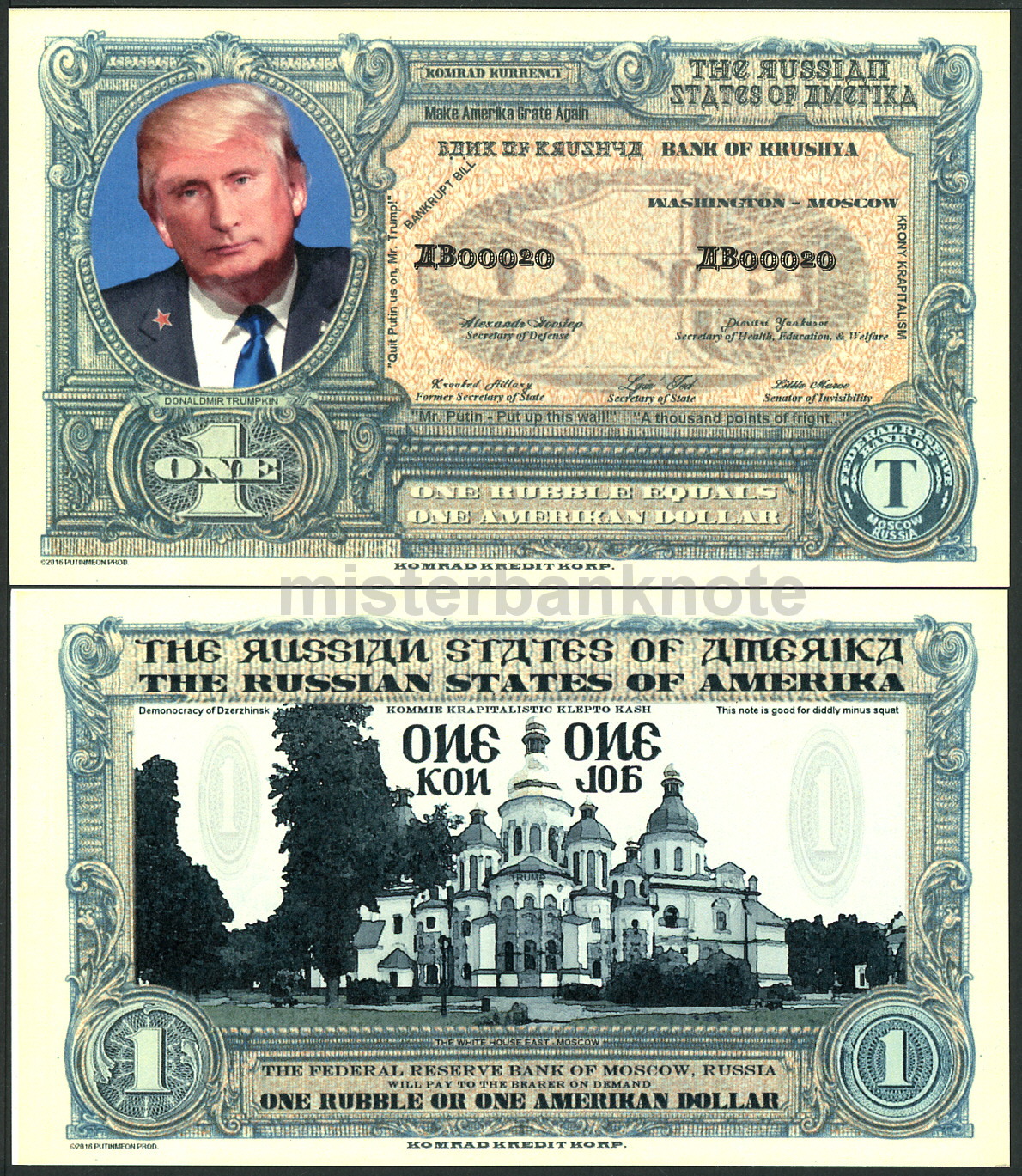 Russian States of Amerika 1 Rubble Donaldmir Trumpkin Political Fantasy Note!