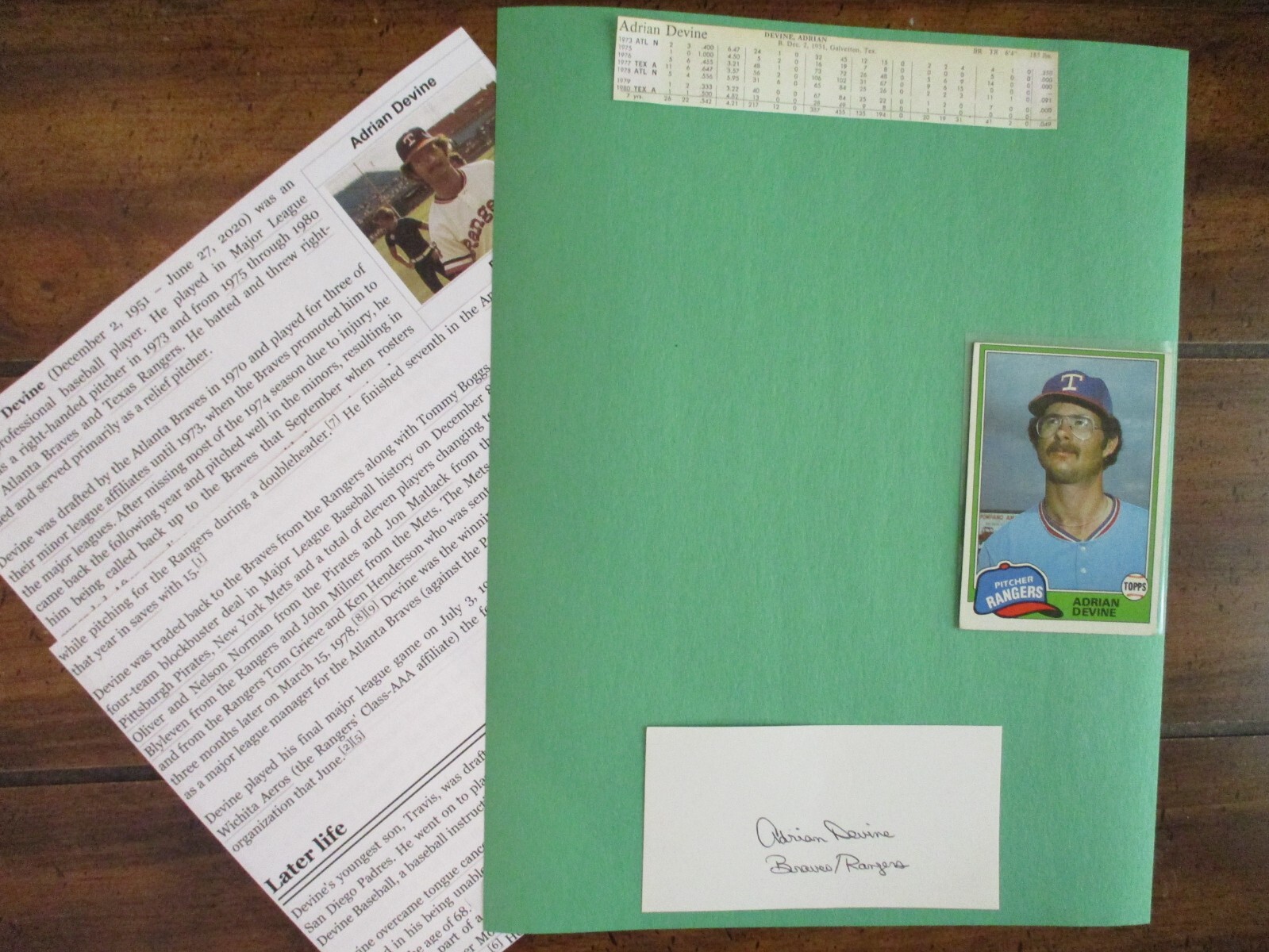 ADRIAN DEVINE(D-'22)Signed Trimmed Index Card w/8 x 11 Display w/Obit/1981 Topps