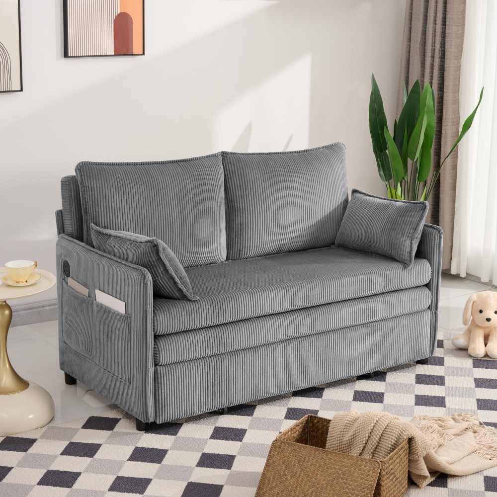 55" Convertible Sofa Bed w/ USB Ports & Storage, Grey Corduroy, Twin Size