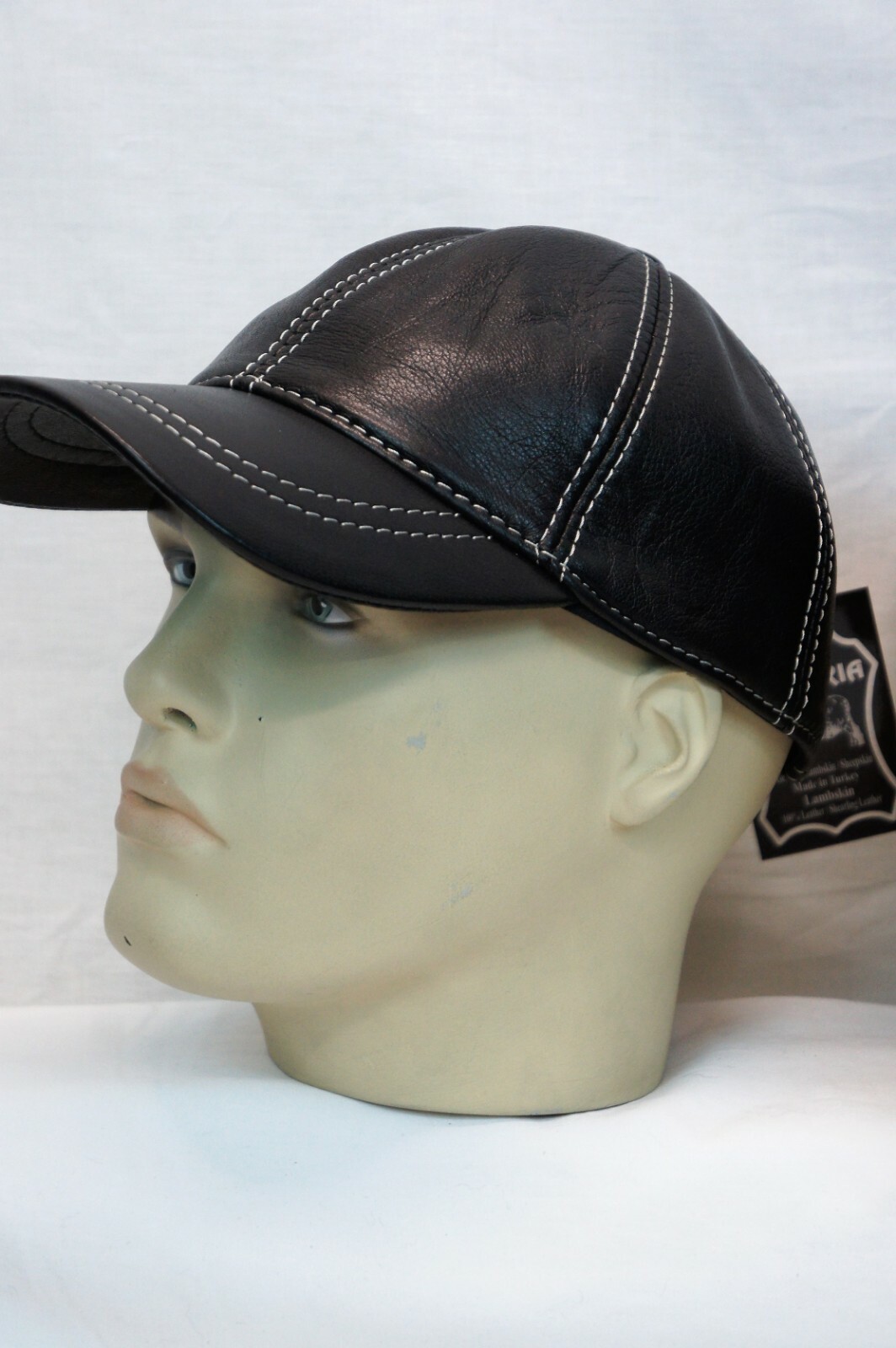 Black 100% Genuine Real Lambskin Leather Baseball Cap Hat Visor WHITE THREAD NWT
