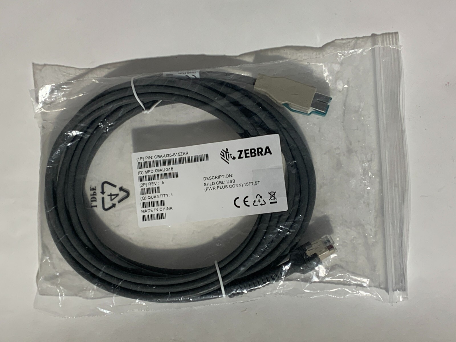 Zebra CBA-U35-S15ZAR Shielded USB Genuine OEM Power Plus Connector Cable