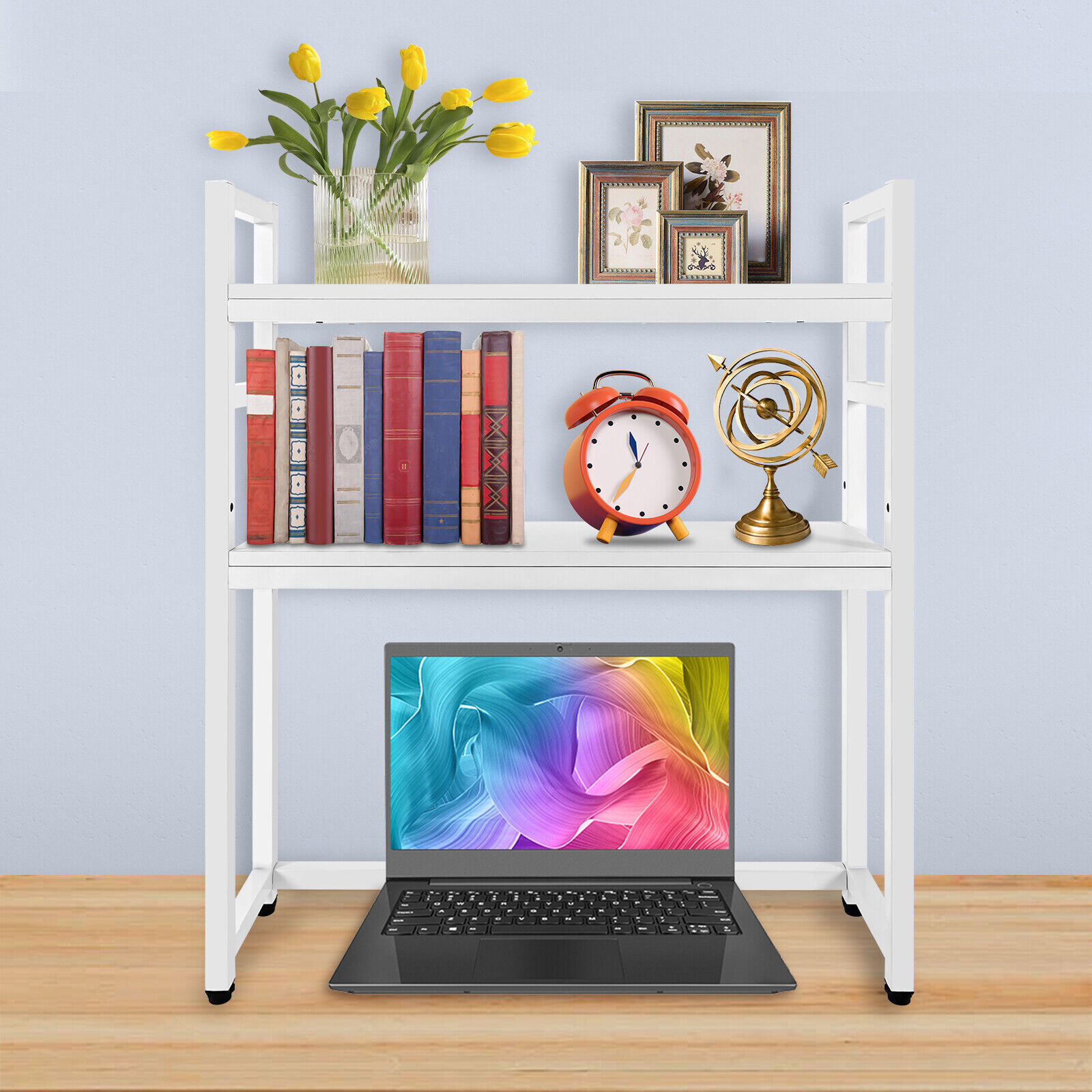 2 Tiers Bookcase Storage Display Shelf Computer Desktop White for Homes Office
