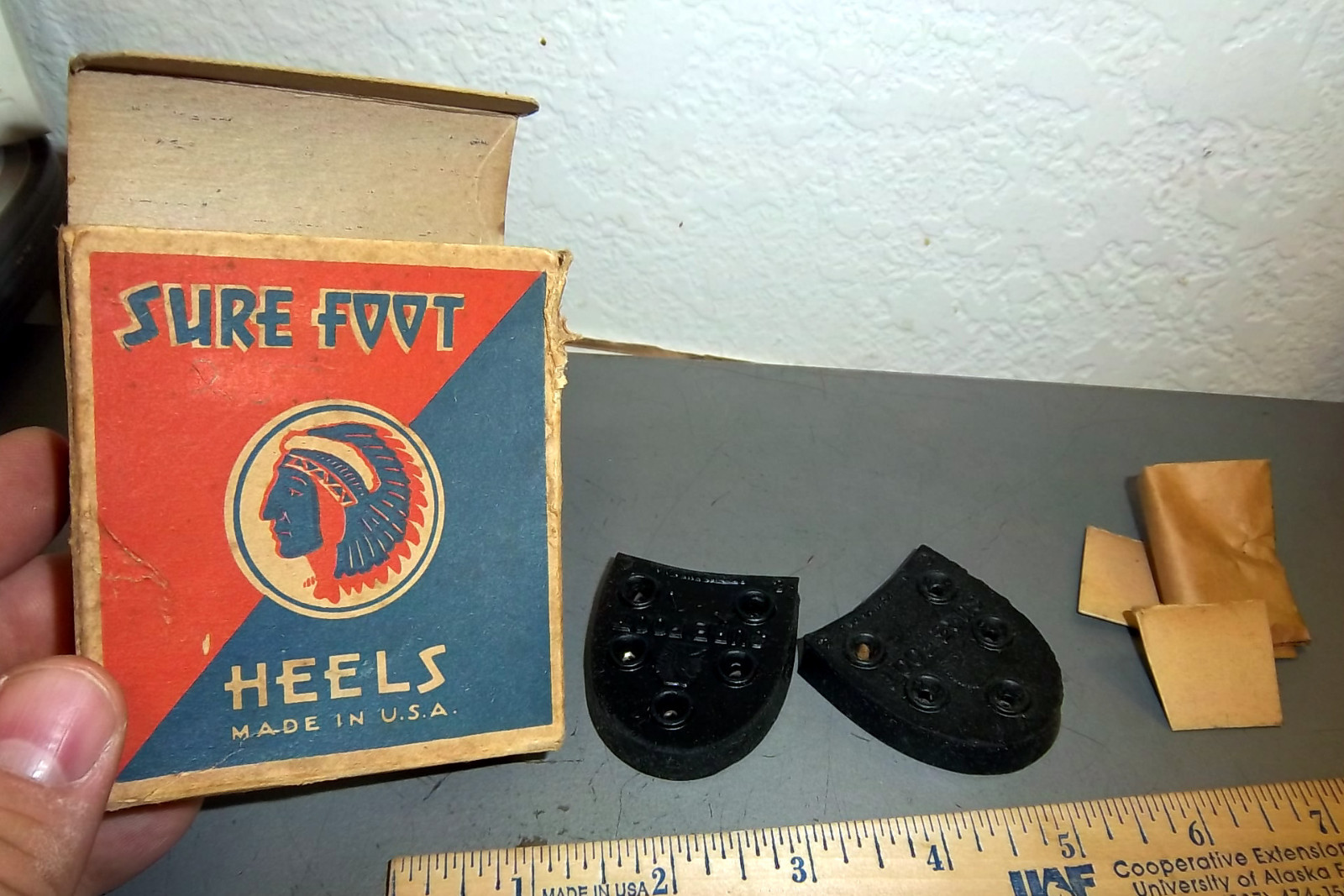 Vintage Sure Foot Heels box, with 2 heels inside, great graphics & colors