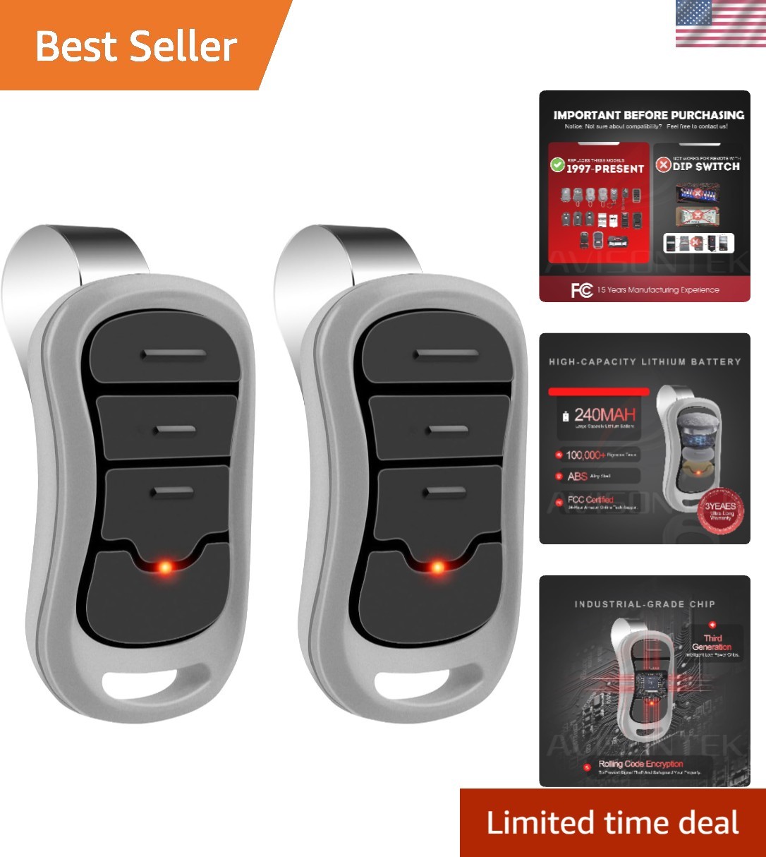 Genie Garage Door Opener Remote Bundle – 3 Programmable Buttons & 164ft Range