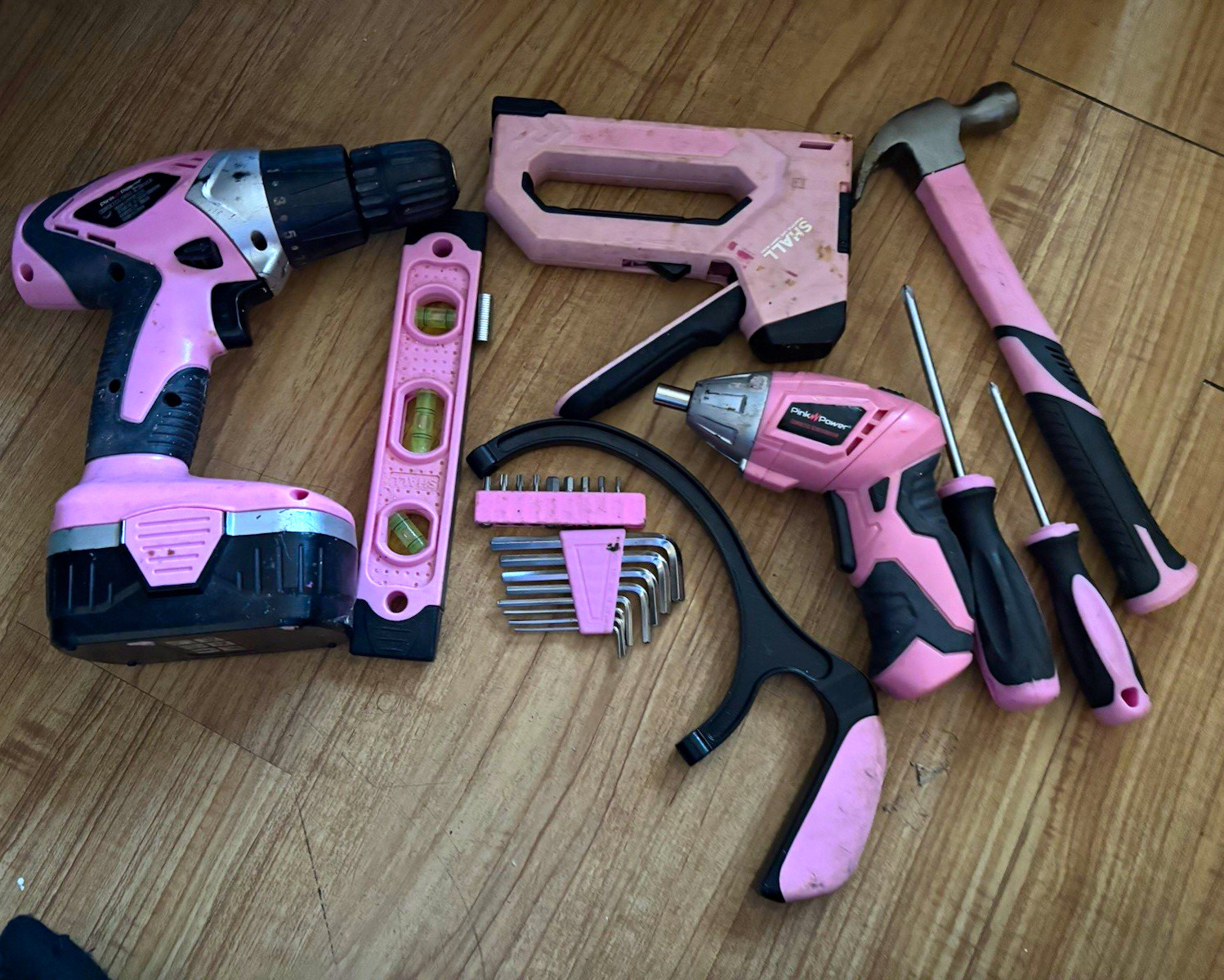 Pink Power 18V Tool Set Pink/Black w/ Drill, Hammer, Staple Gun, Level