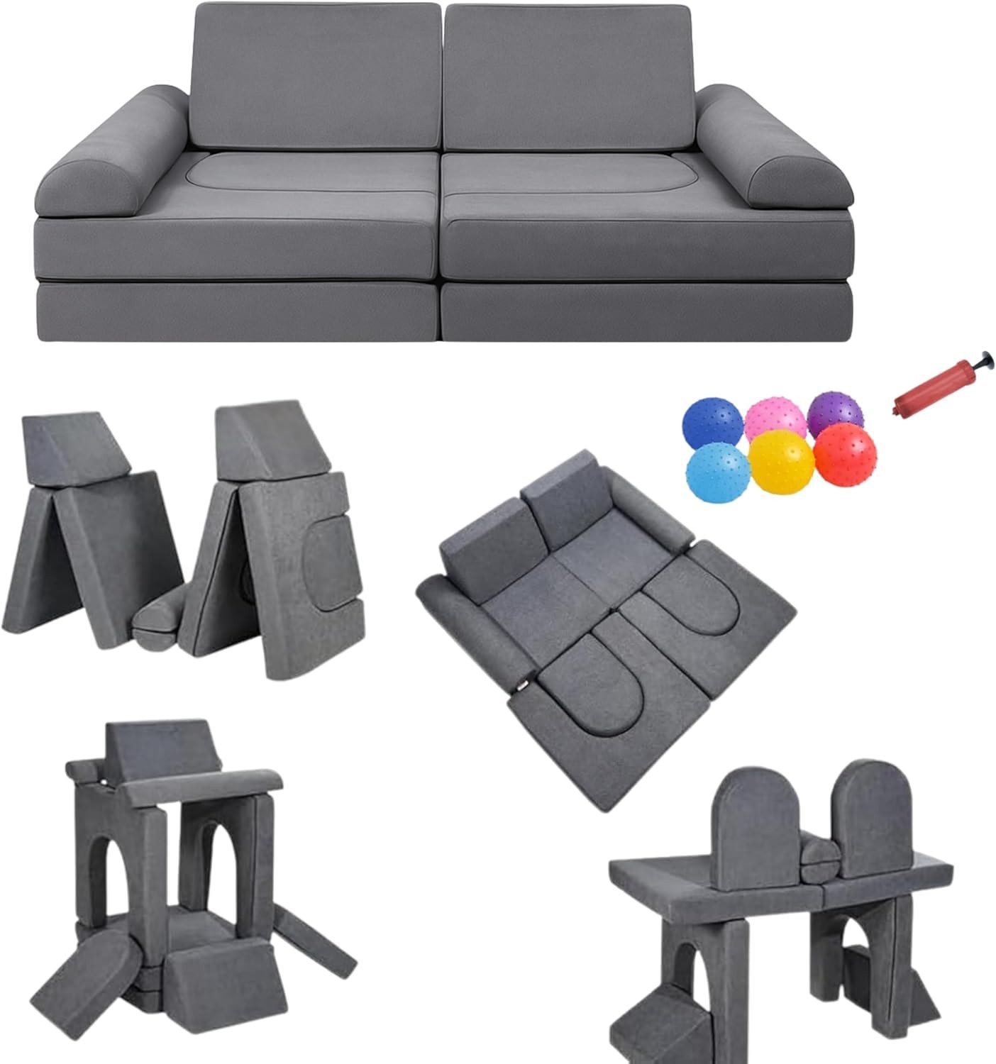 10 PCS Modular Play Couch with 6 Inflatable Balls – Convertible Foam and Floo...
