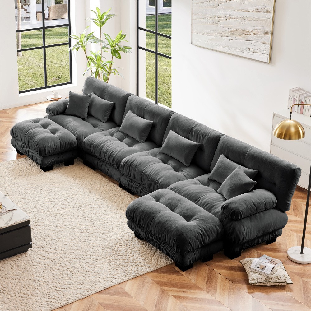 Gray Chenille Modular Sofa,4-Seater Cloud Couch + 2 Ottomans,Free Combination