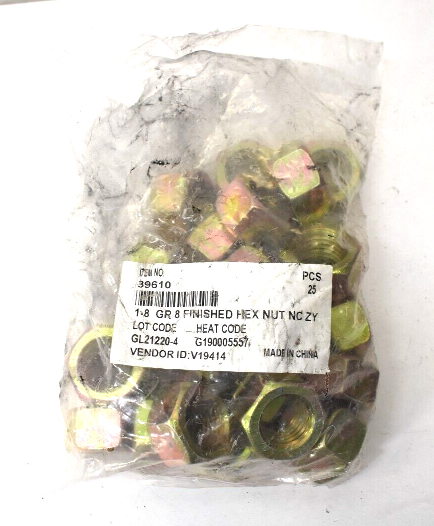 Lot of 25 Grade 7 Hex Nuts 1-1/8"-7UNC Steel Right Hand 39610 Yellow Zinc