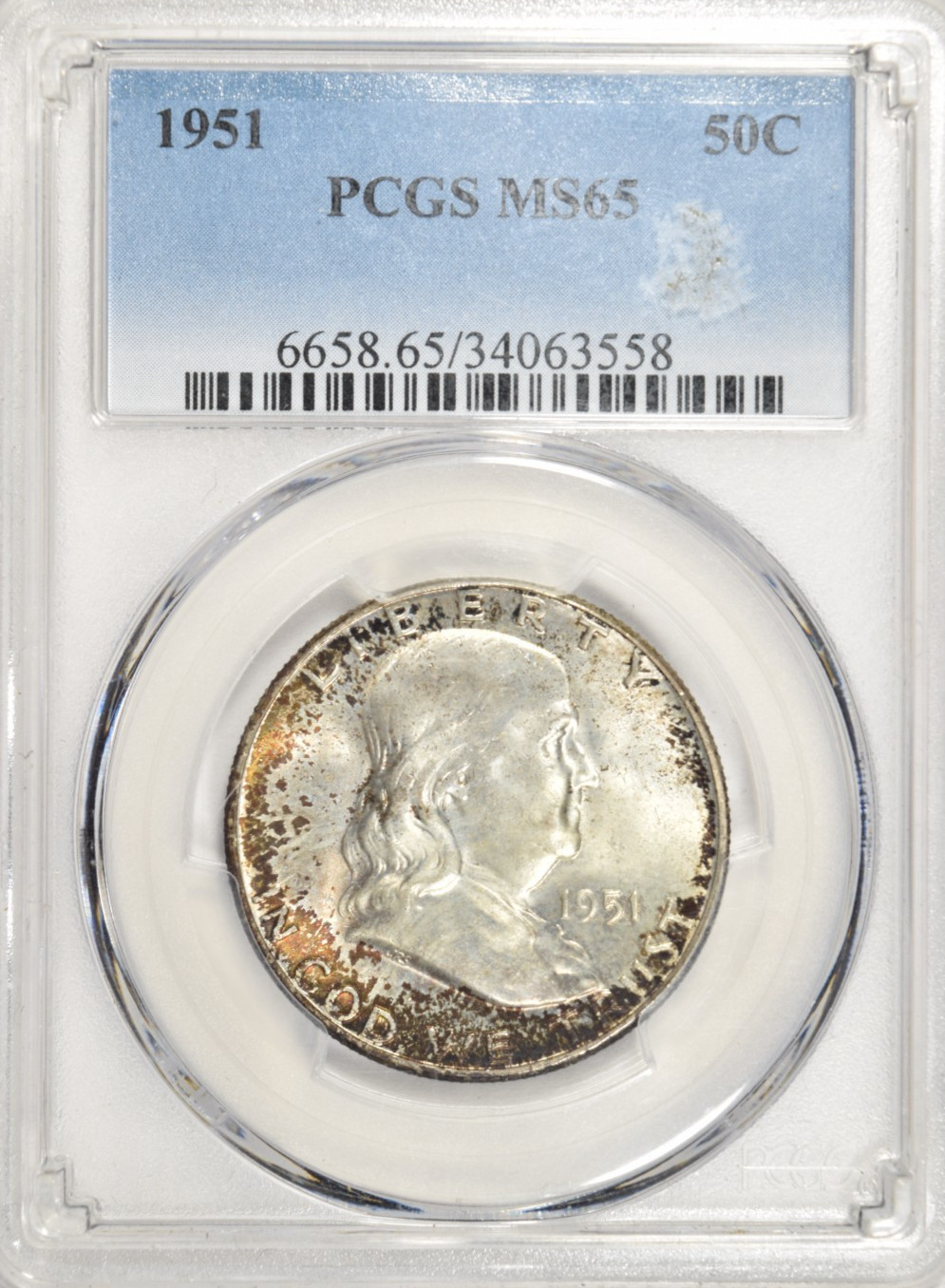 1951 FRANKLIN HALF DOLLAR ~ PCGS MS65 ~ NICE TONING!