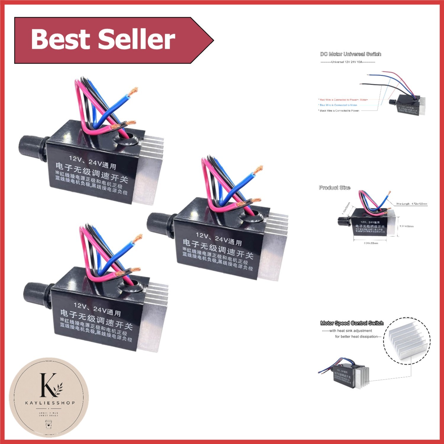 Universal 12V/24V DC Motor Speed Controller, 10A - 3-Pack for Precision Control