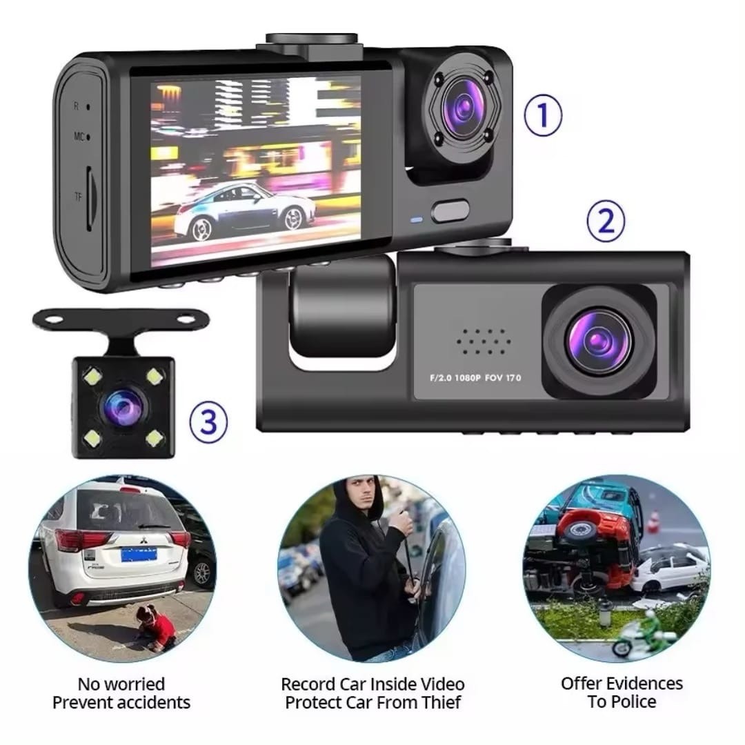 HD 3 Channel Car Dash Cam Recorder 2 Front Rear Camera 1080P Night Vision & WiFi