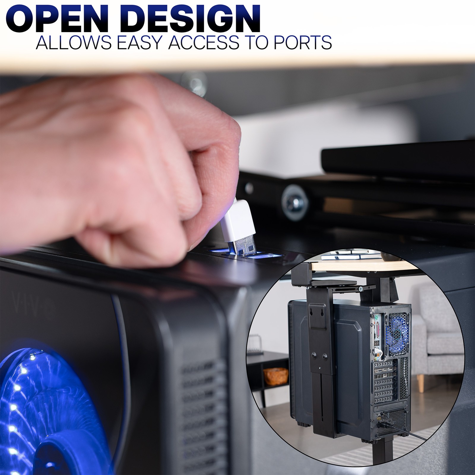 VIVO Black Clamp-on PC Mount, Computer Case Holder with 135 Swivel