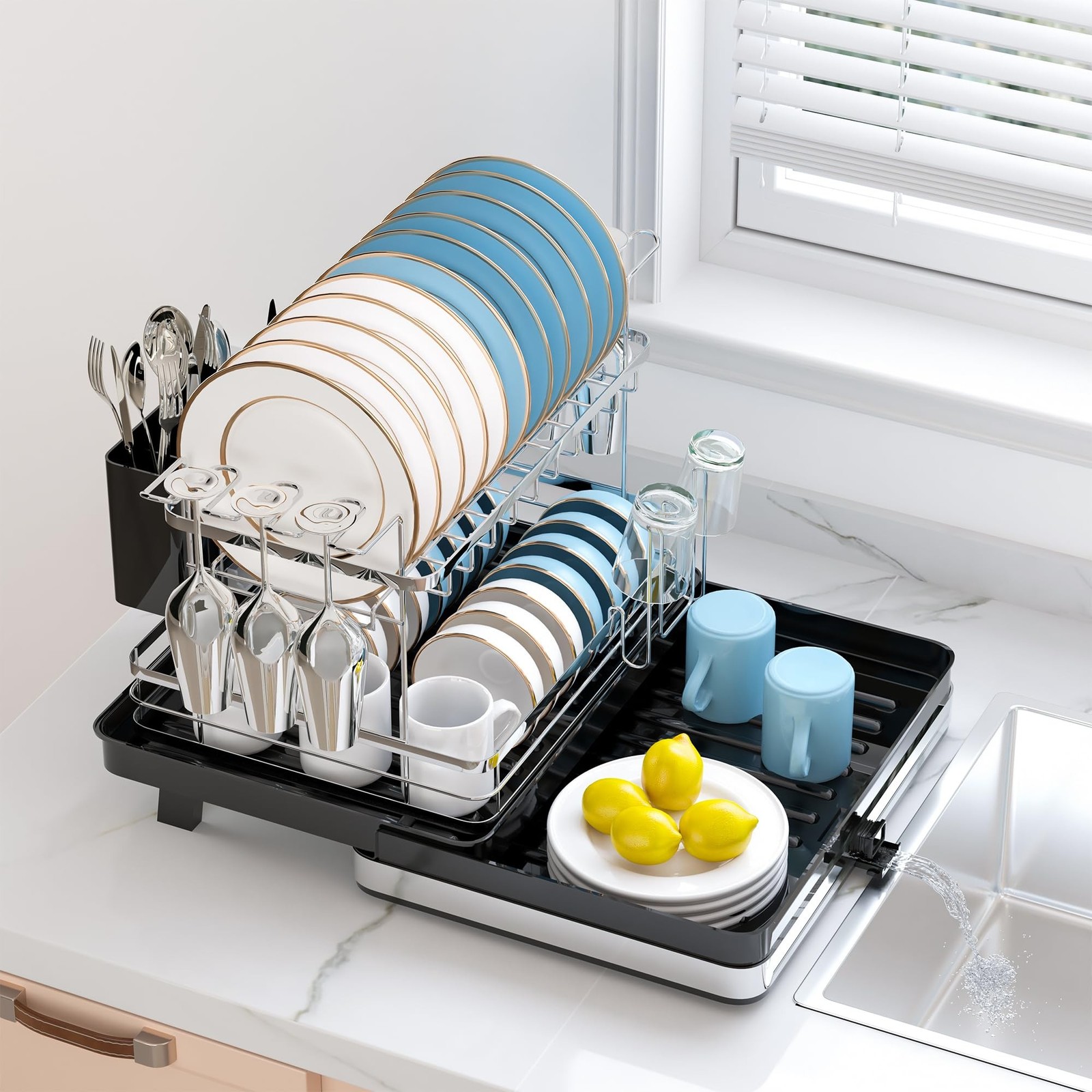 Pumokc Dish Drying Rack, Expandable Large Capacity 2 Tier Dish Drying Rack, S...