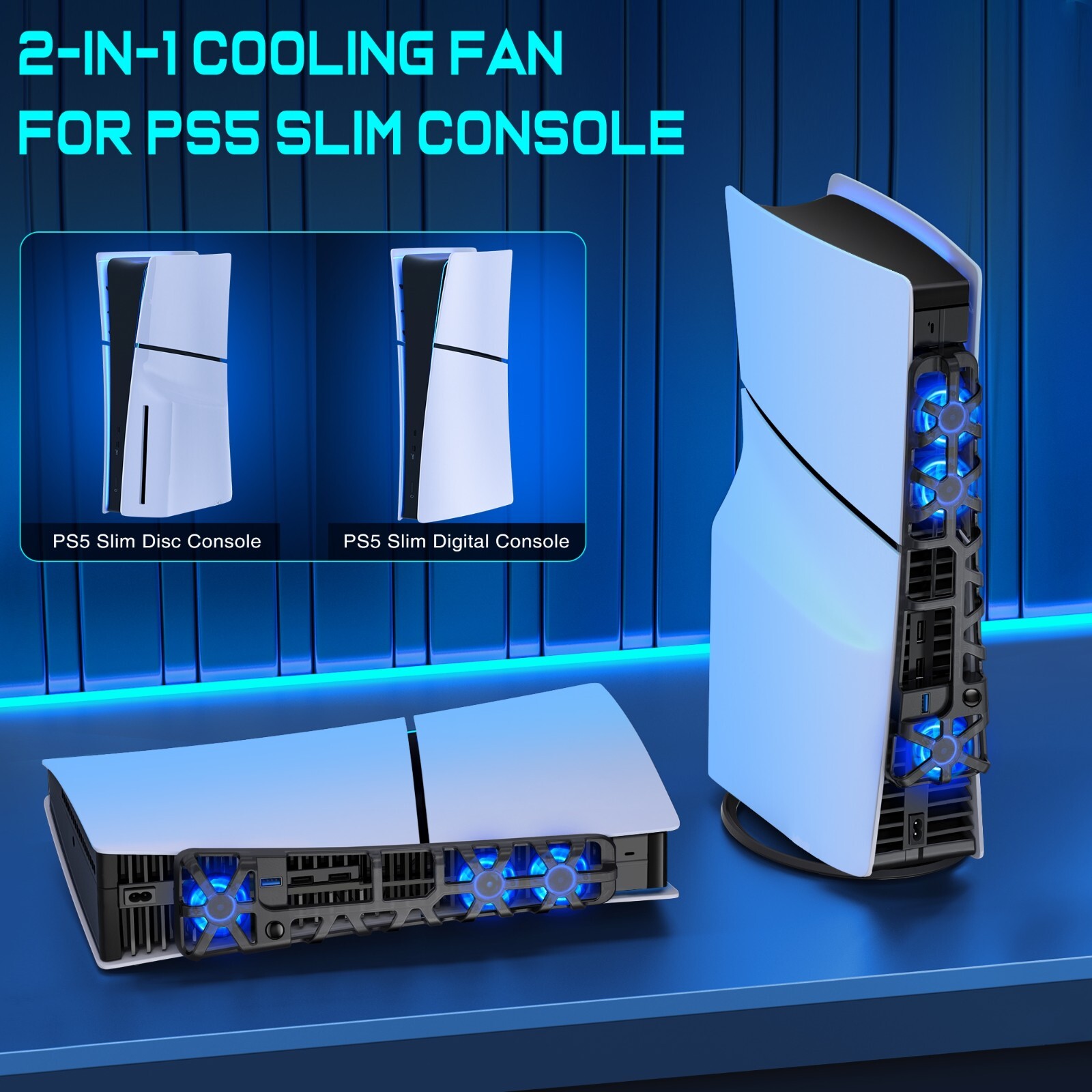 PS5 Slim Cooling Fan For PS5 Slim Disc/Digital Console Cooler Fan LED + USB 3.0