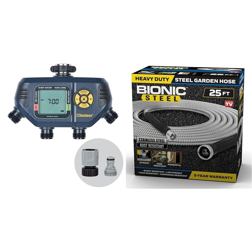 4 Zone Digital Timer & 25ft Metal Garden Hose Bundle - Durable, Easy Setup, Wate