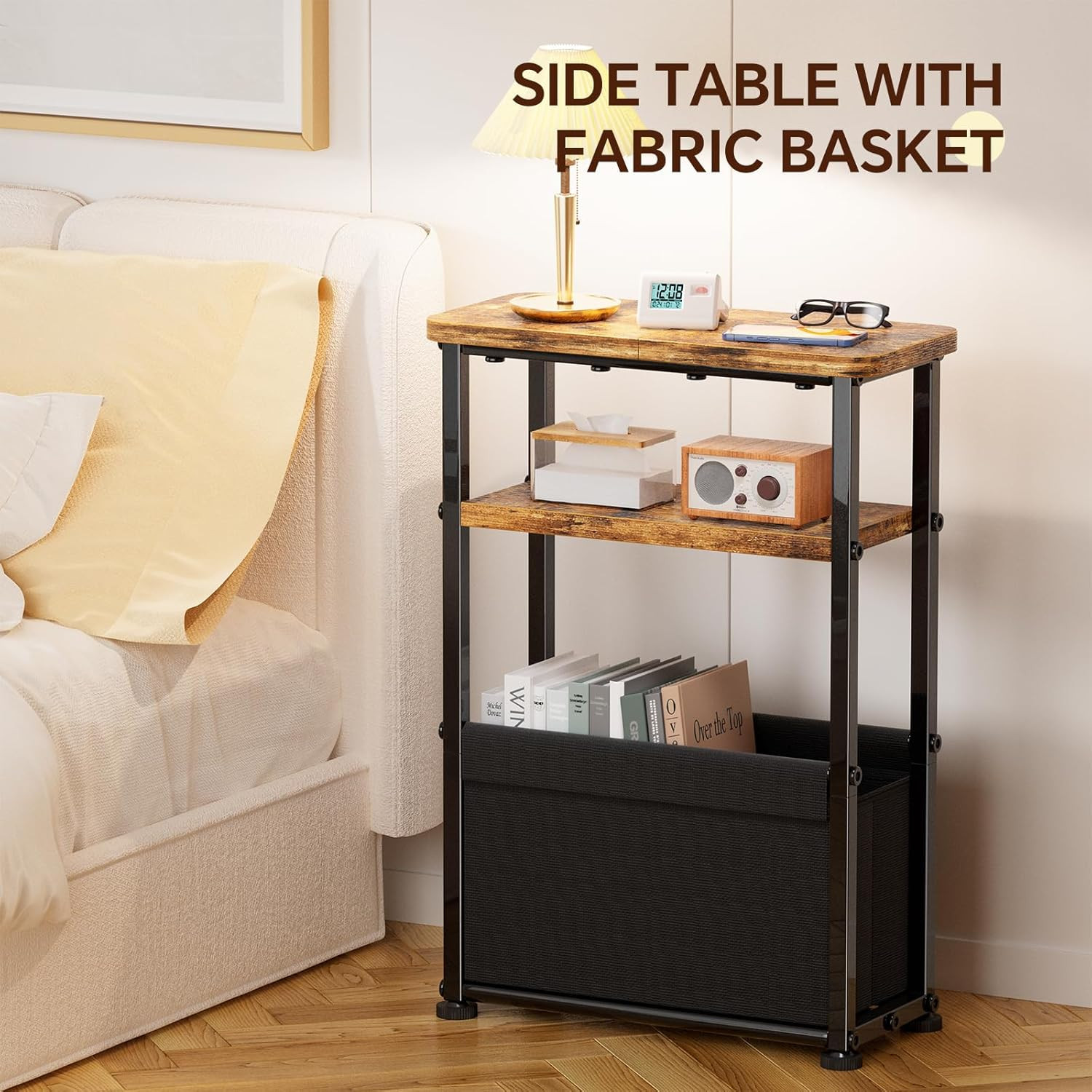 Side Table, 3-Tier Modern End Table with Fabric Basket, Skinny Bedside Table, Th