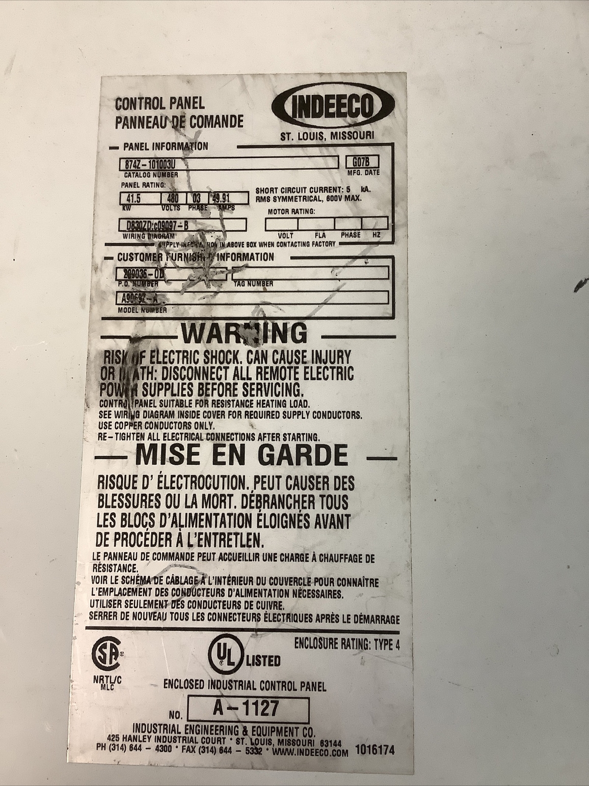 Indeeco Heater Control Panel 874Z-101003U