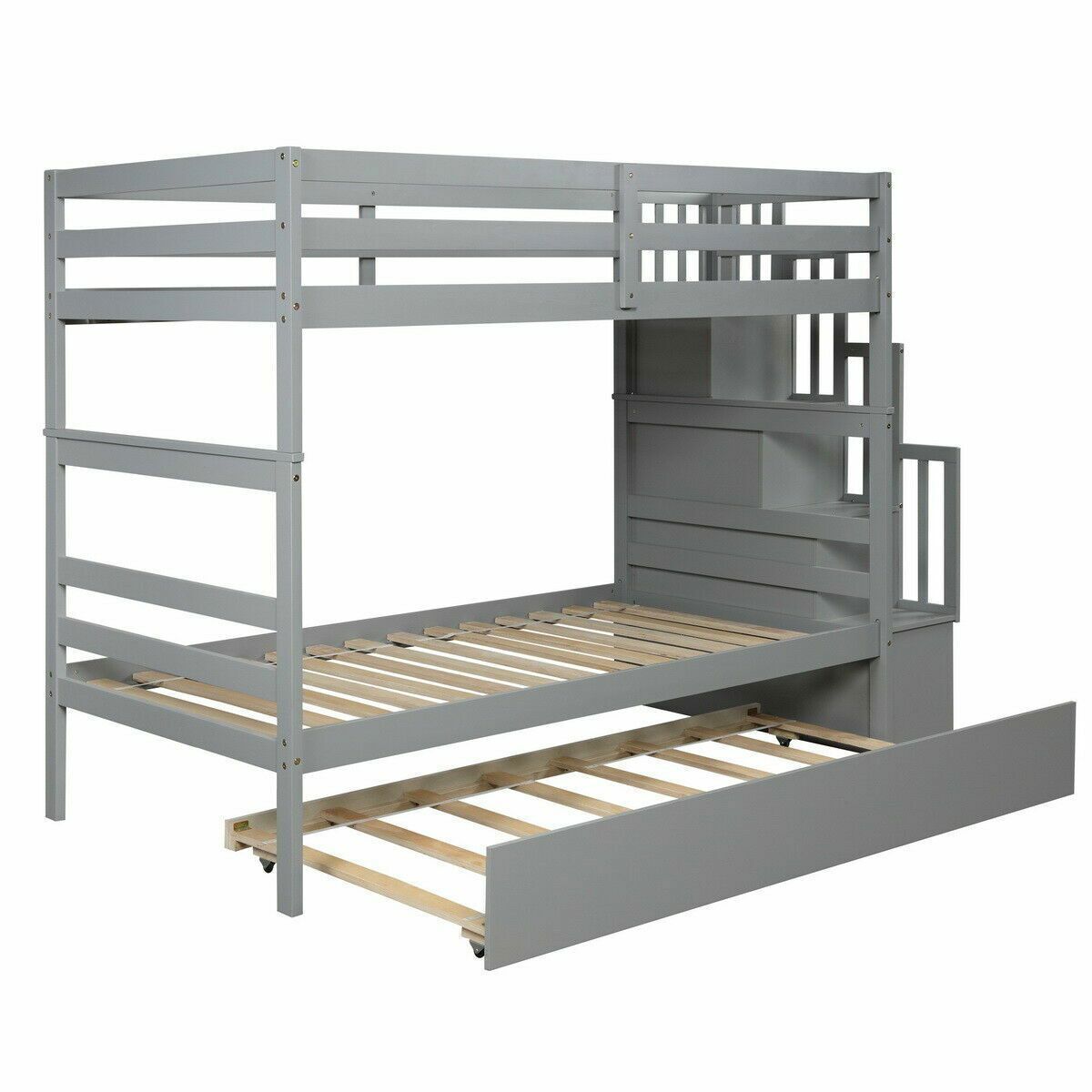 Twin Over Twin Bunk Bed Frame Wood Platform Bed Frame w/Trundle and Stairway