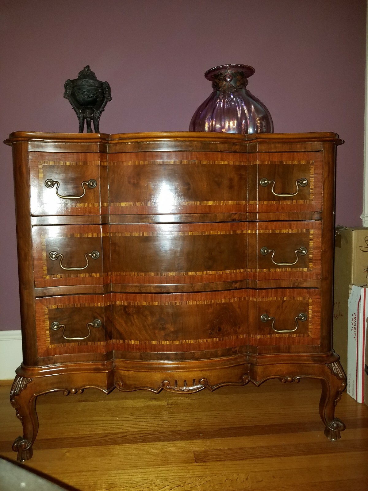 BEAUTIFUL VTG INLAID WOOD 3-DEEP DRAWERS BOW CHEST (38"H × 40"L × 21"D)