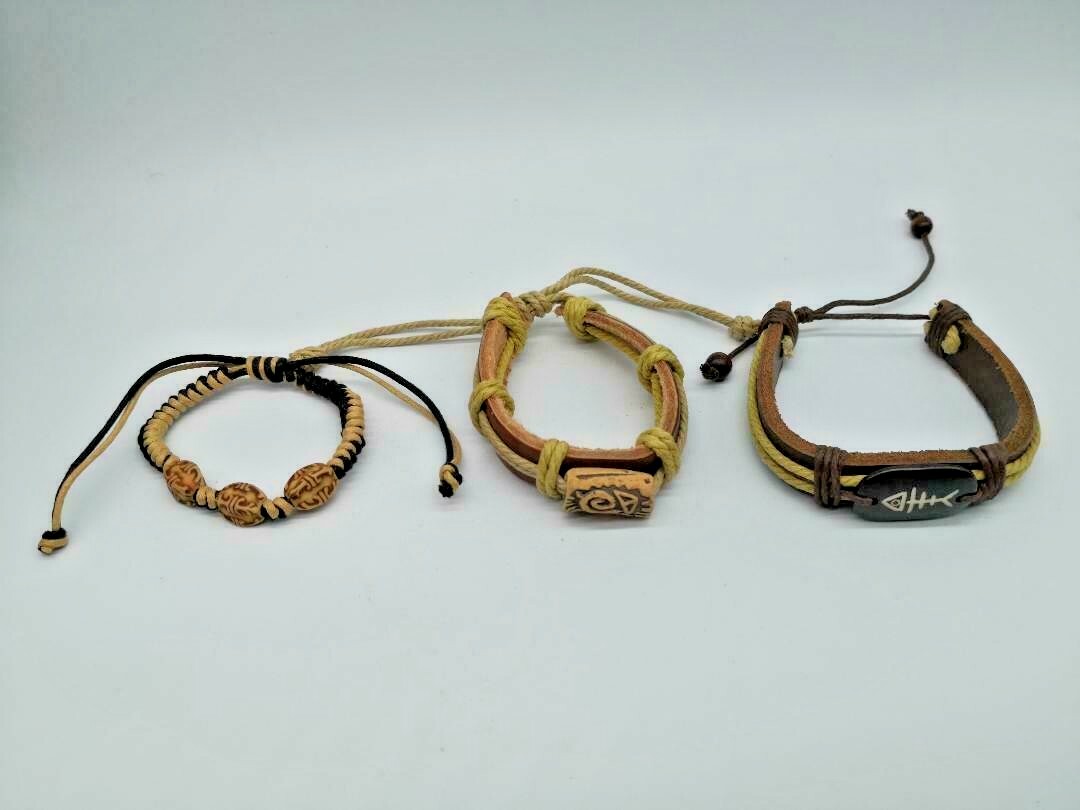 3PCs Handmade Weaving Leather Engrave Stone Cuff Bracelet Bangle Fashion Unisex