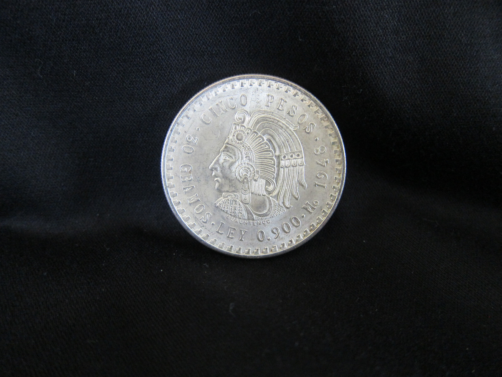 1947-1948 Mexico 90% Silver 5 (Cinco) Peso Cuauhtemoc AU+ Random Year Coin
