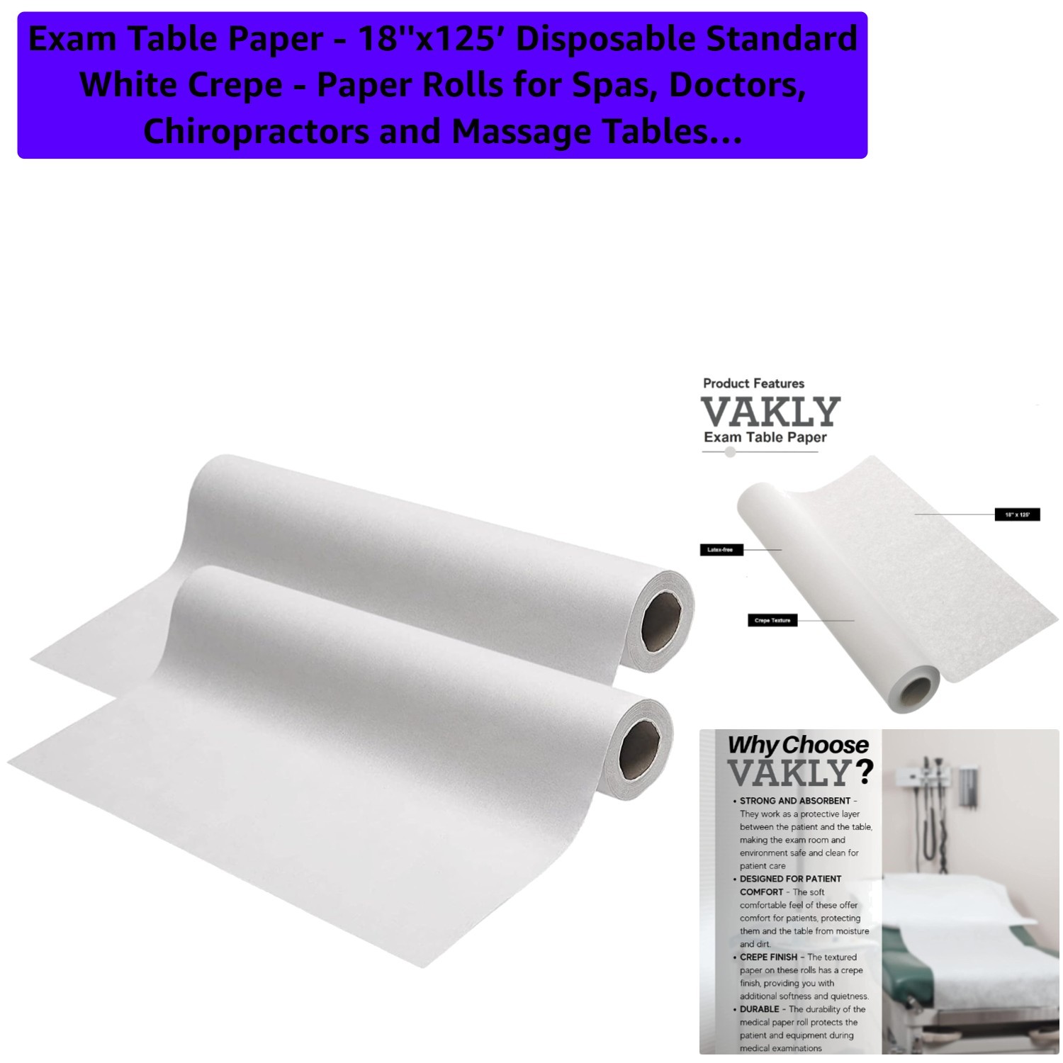 18''x125’ Disposable Exam Table Paper Rolls - 2 Pack for Medical & Spa Use