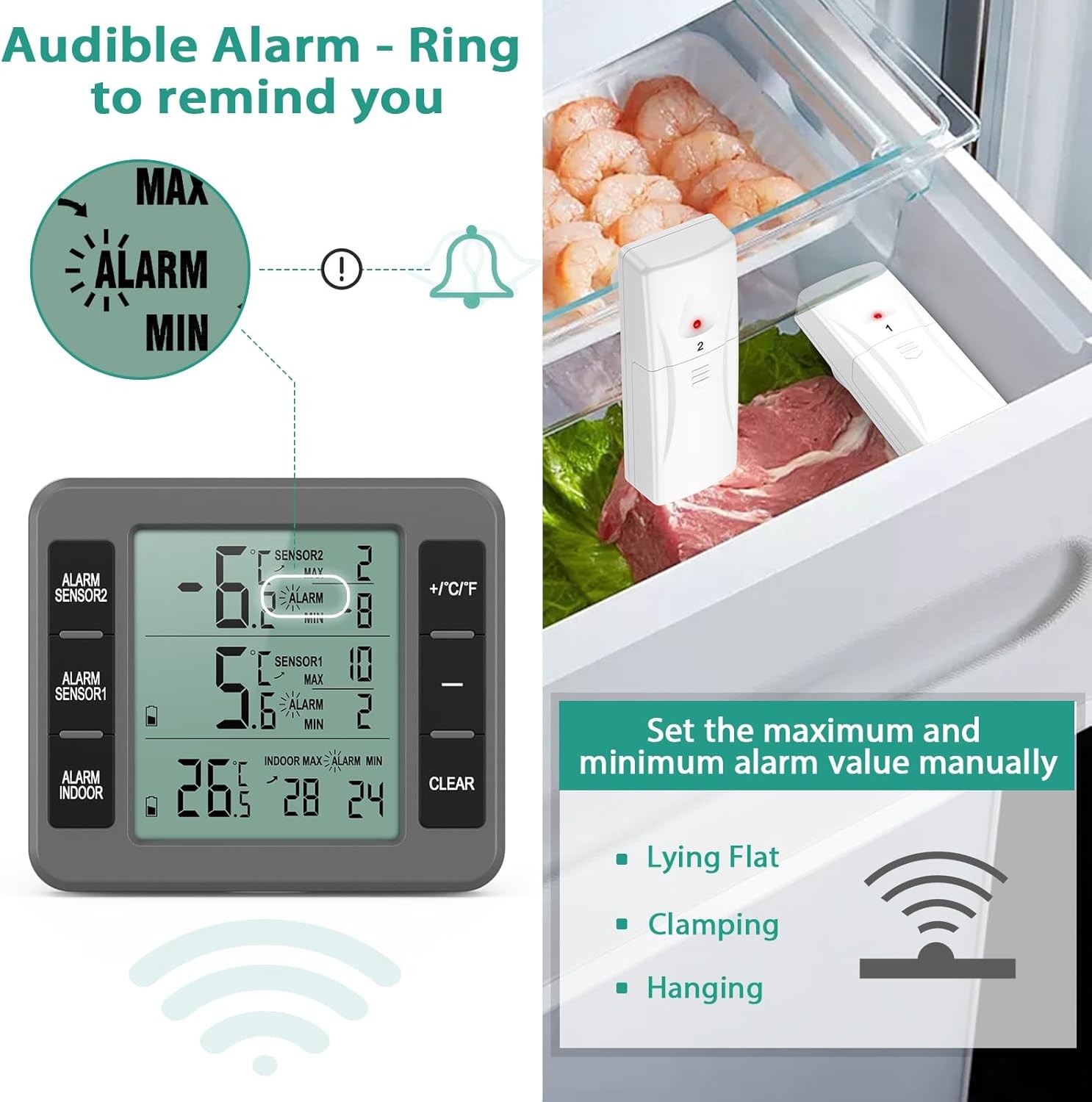 ORIA Refrigerator Thermometer, (New Version) Wireless Digital Freezer Grey